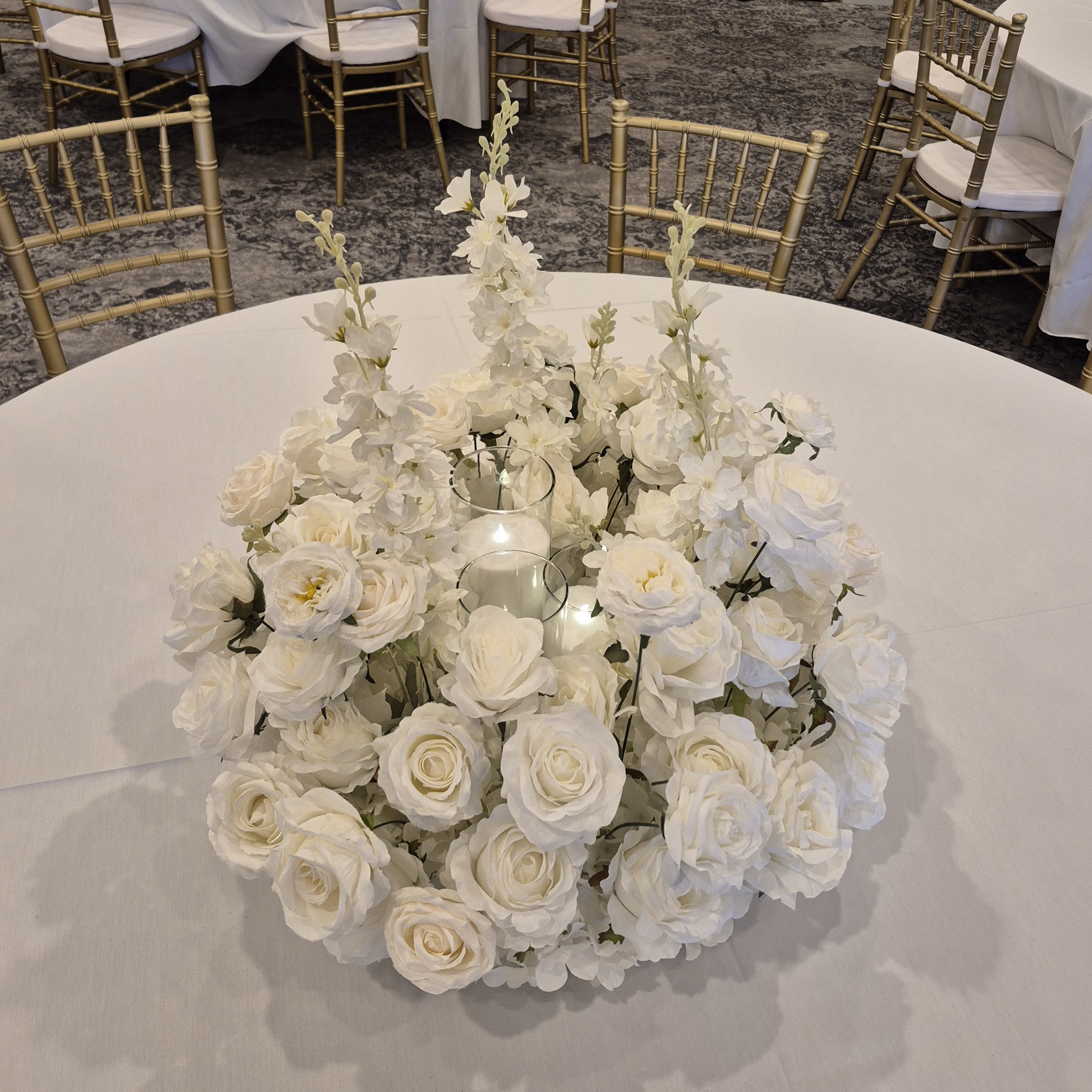#C0107 - White Rose Circle Centerpiece & 3 Candles, $50.00 White Rose Circle Centerpiece & 3 Candles