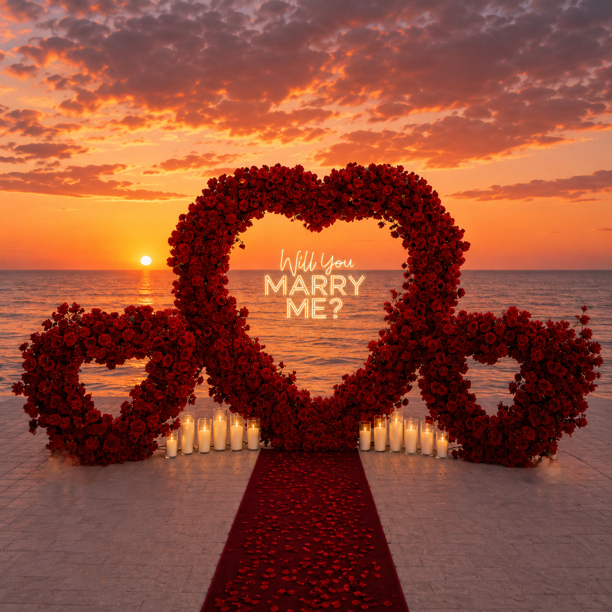 #R0060 - Red Rose Triple Hearts, 12 Candles, Neon Sign, Carpet, $825.00 Red Rose Triple Hearts, 12 Candles, Neon Sign, Carpet