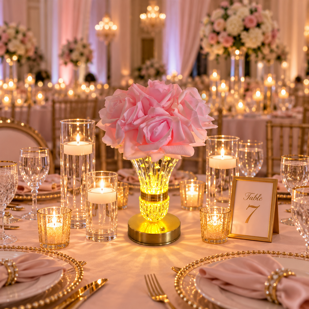 #C0025 - LED Crystal Vase & Pink Real-Toach Roses, $18.00 LED Crystal Vase & Pink Real-Toach Roses