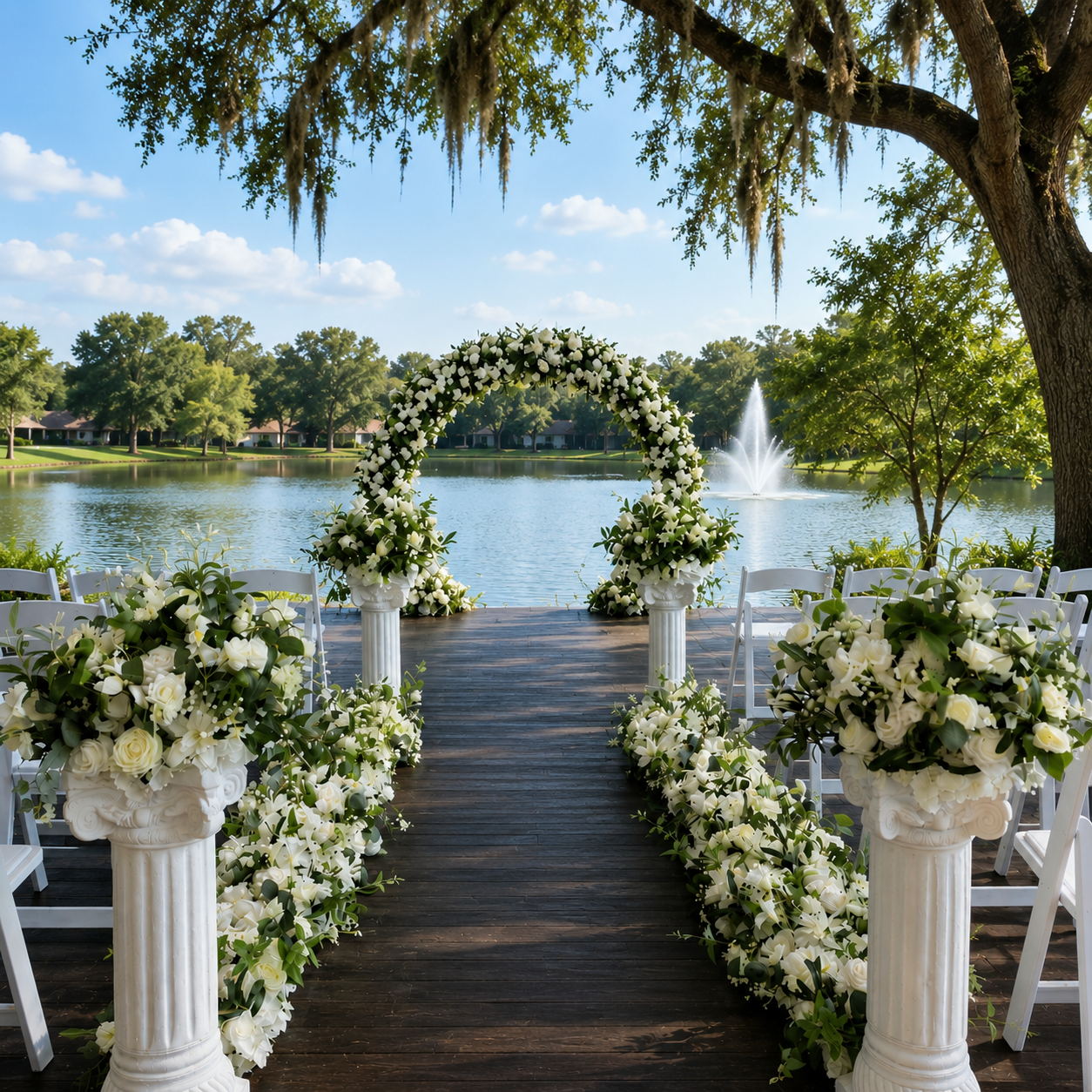#AD0020 - White Rose Greenery Florals & 4 Pedestals, $725.00 White Rose Greenery Florals & 4 Pedestals