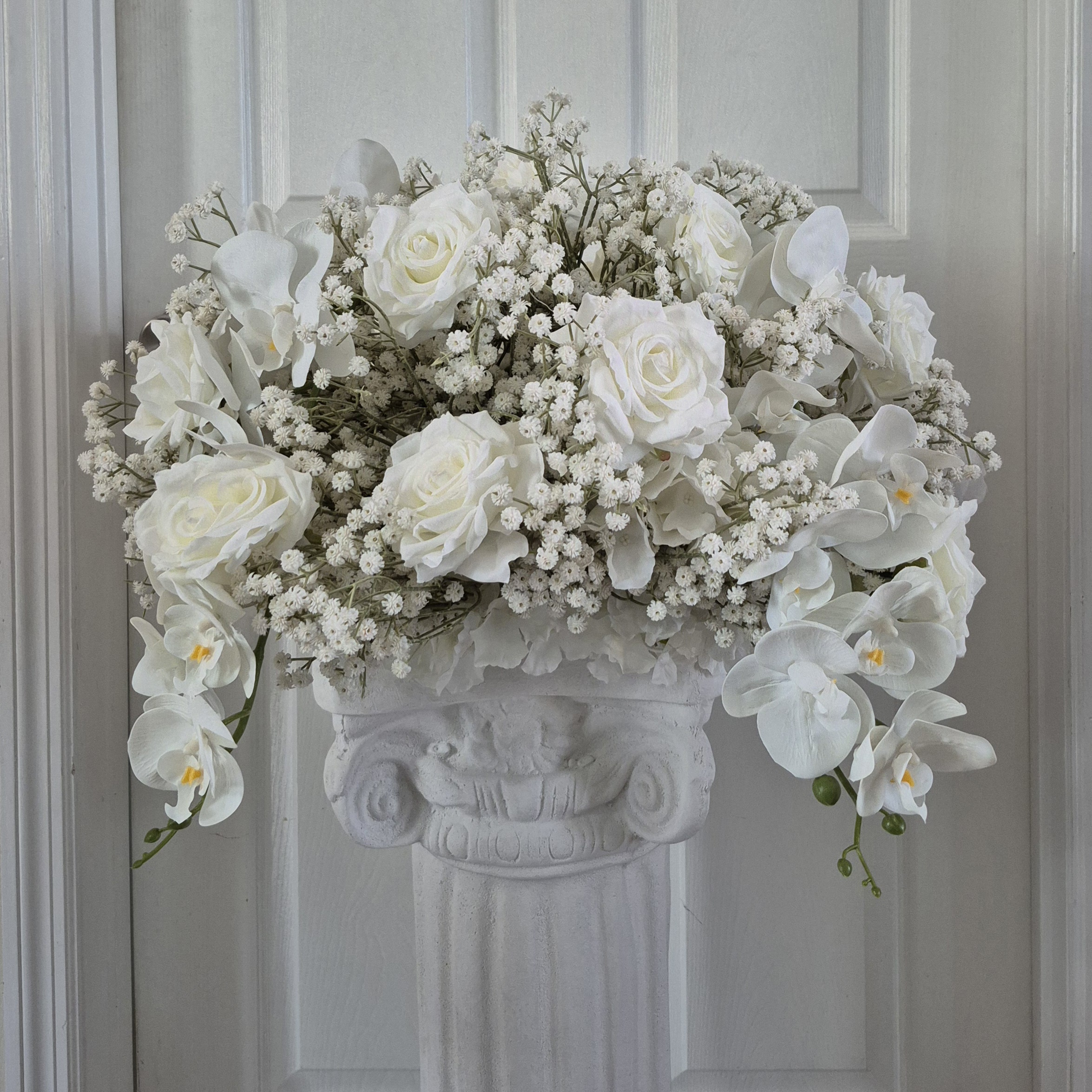 #C0085 - White Rose Babysbreath Orchid Ball 22in, $50.00 White Rose Babysbreath Orchid Ball 22in