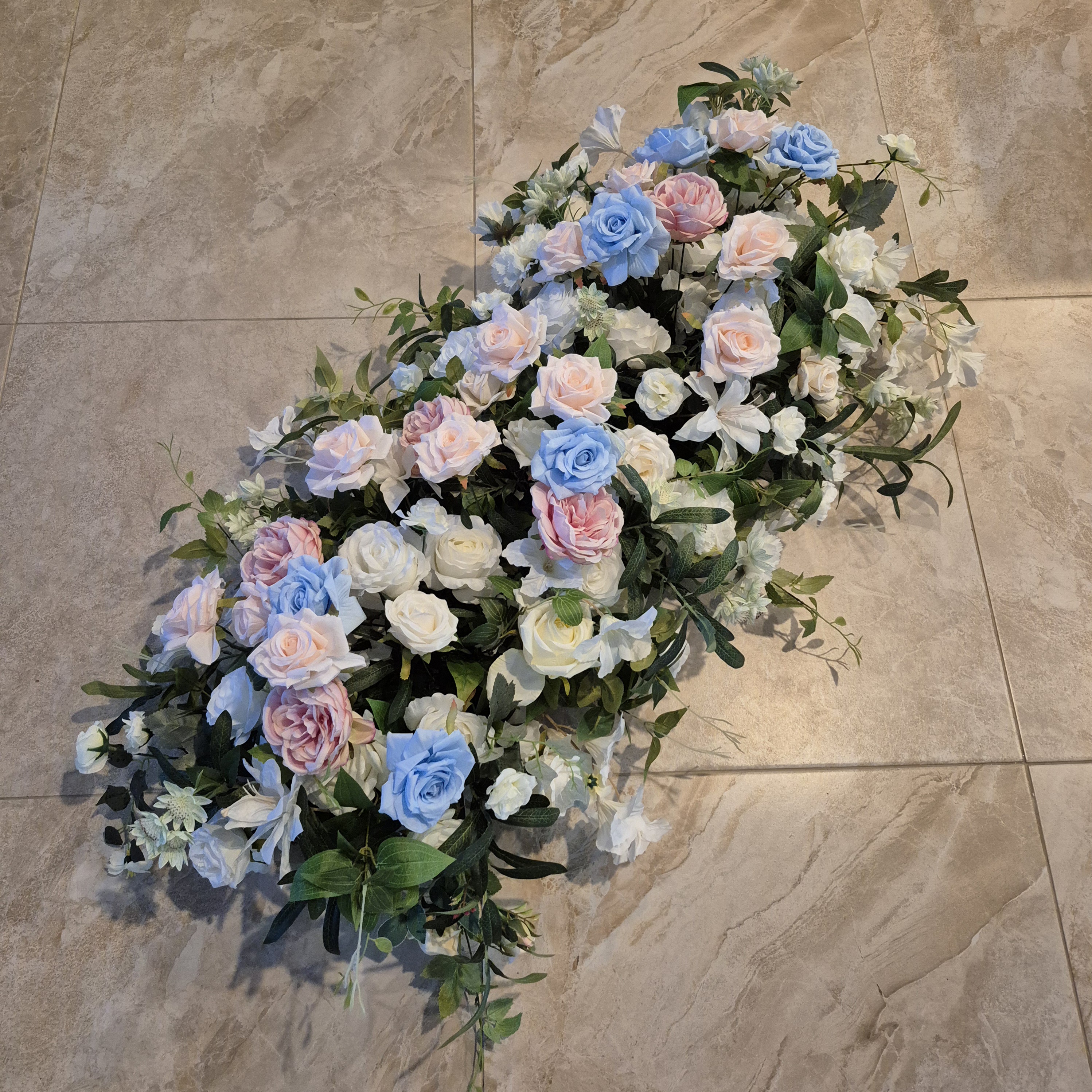 #C0072 - White Blue Pink Rose Runner 3.2 Ft, $50.00 White Blue Pink Rose Runner 3.2 Ft