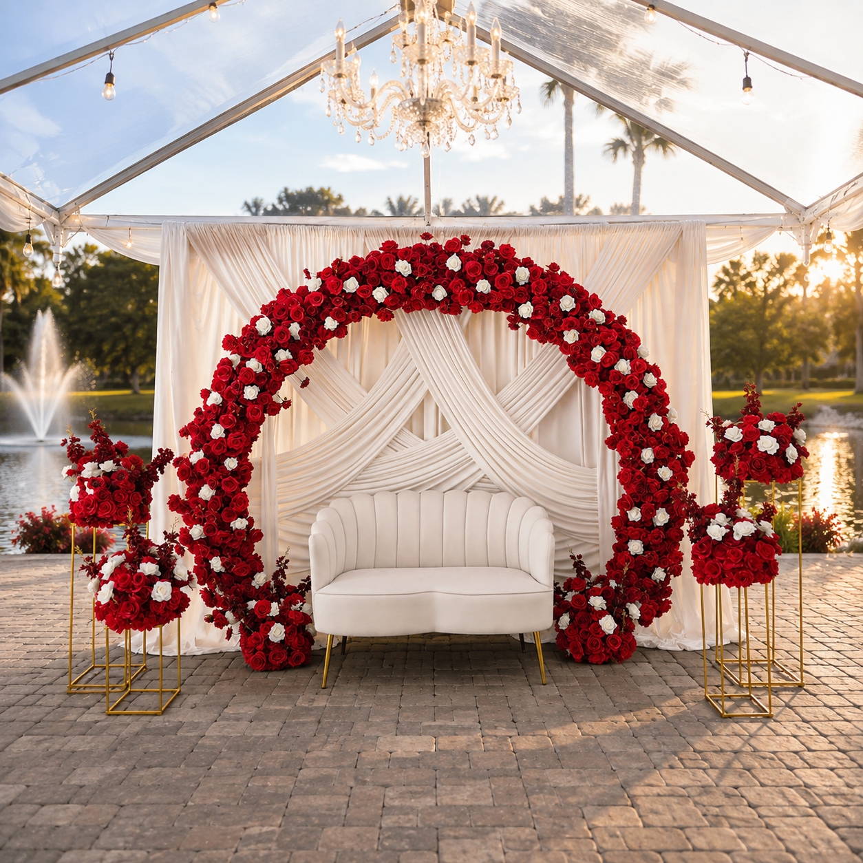 #AA0031 - Red Ivory Rose Florals, Drapes Backdrop, Sofa, 4 Gold Stands, $875.00 Red Ivory Rose Florals, Drapes Backdrop, Sofa, 4 Gold Stands