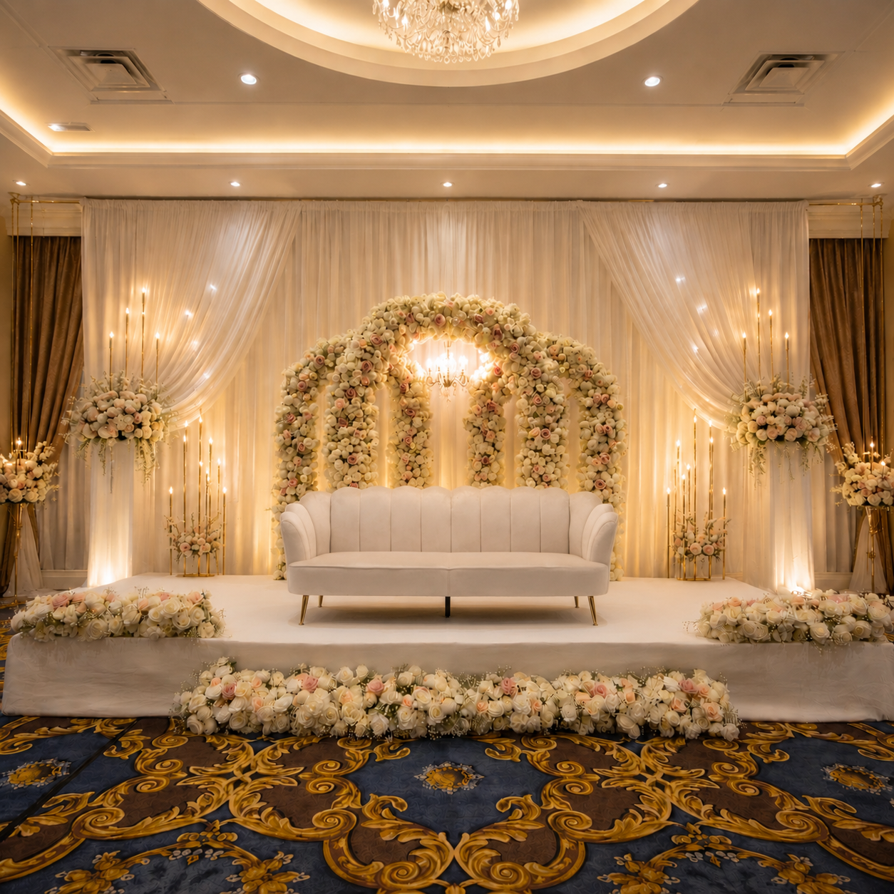 #AA0029 - Small Triple Arch Set, Chandelier, Sofa, 10 runners, Drapes, 4 Columns, 4 balls, 4 Candelabras, $1 700.00 Small Triple Arch Set, Chandelier, Sofa, 10 runners, Drapes, 4 Columns, 4 balls, 4 Candelabras