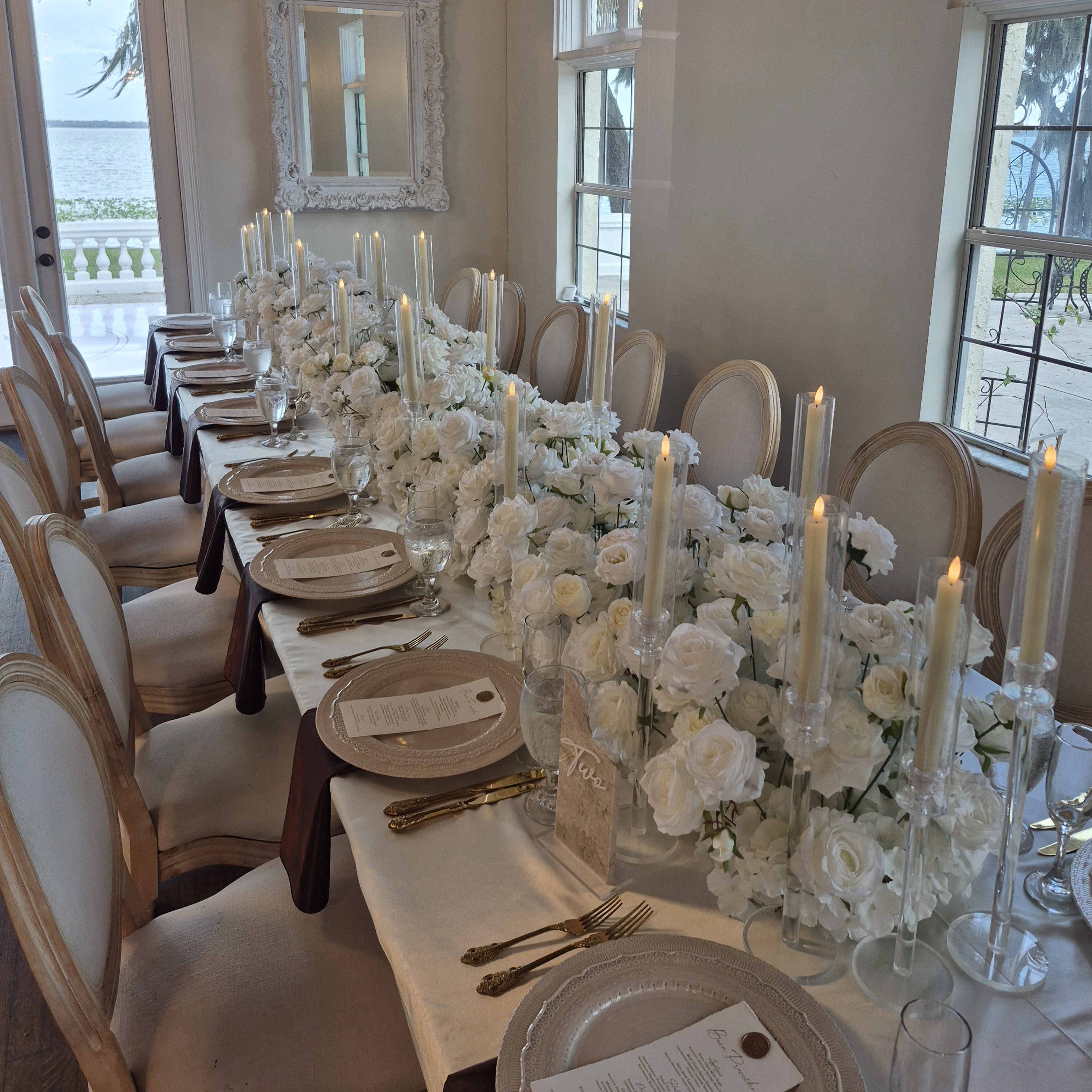 #C0140 - 12 Ft White Rose Table Runner & 18 Tall Candles, $210.00 12 Ft White Rose Table Runner & 18 Tall Candles