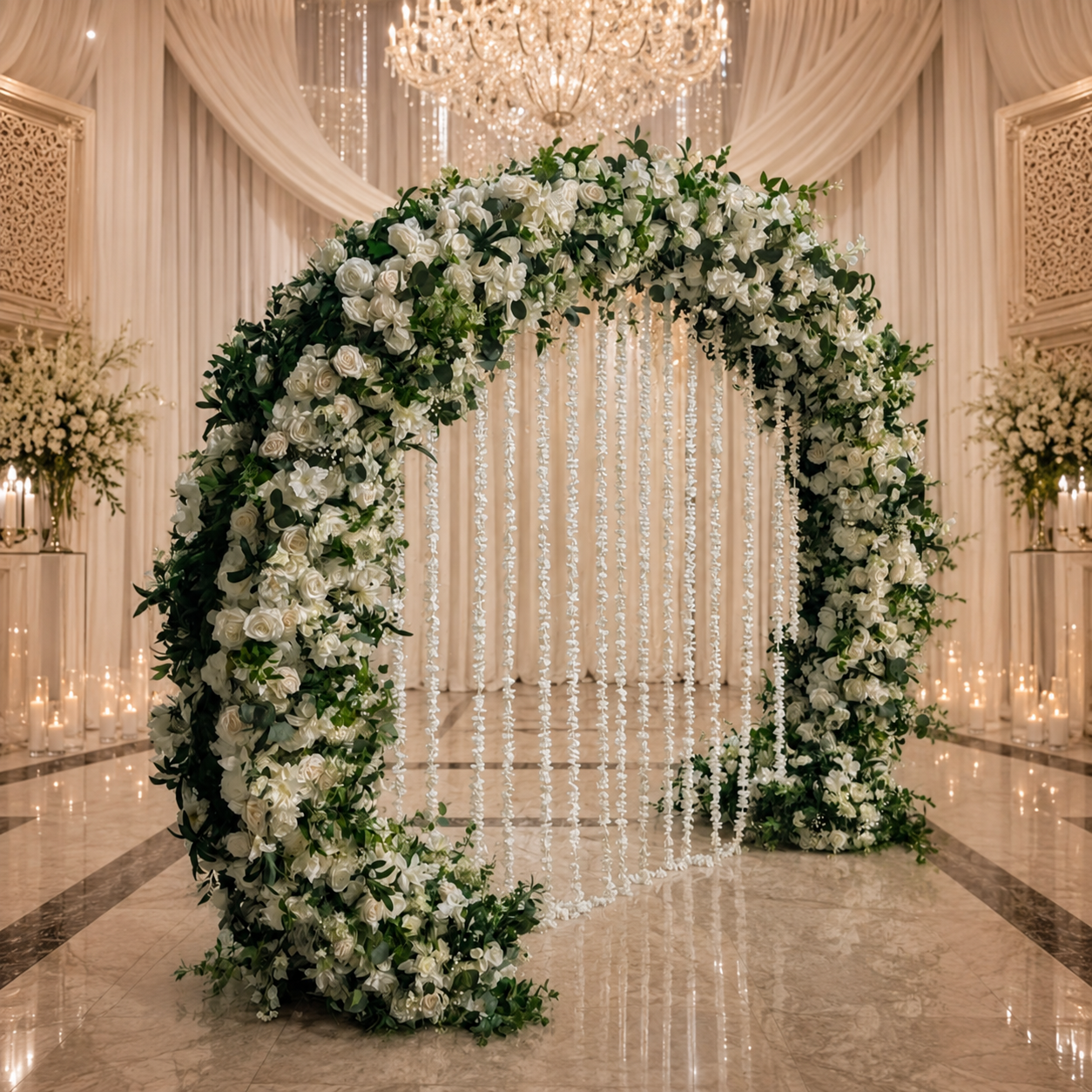#B0063 - White Rose Greenery Double-Sided Round Arch with Garlands, $550.00 White Rose Greenery Double-Sided Round Arch with Garlands