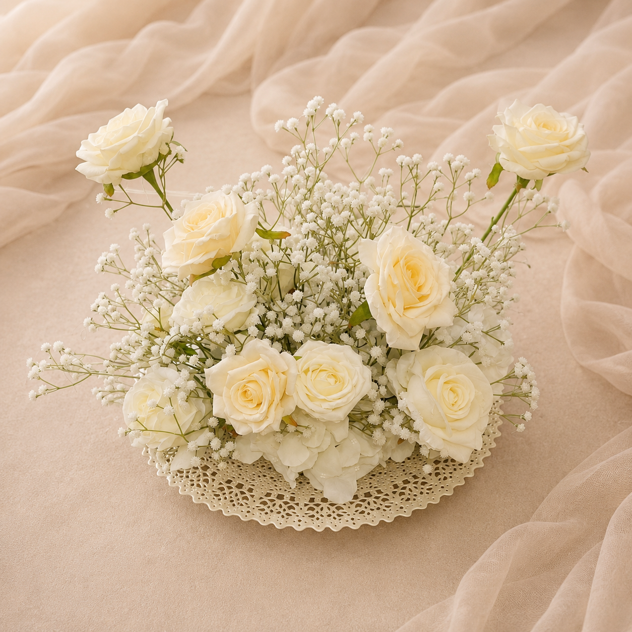 #C0062 - White PInk Rose Babysbreath Centerpiece 14", $23.00 White PInk Rose Babysbreath Centerpiece 14"