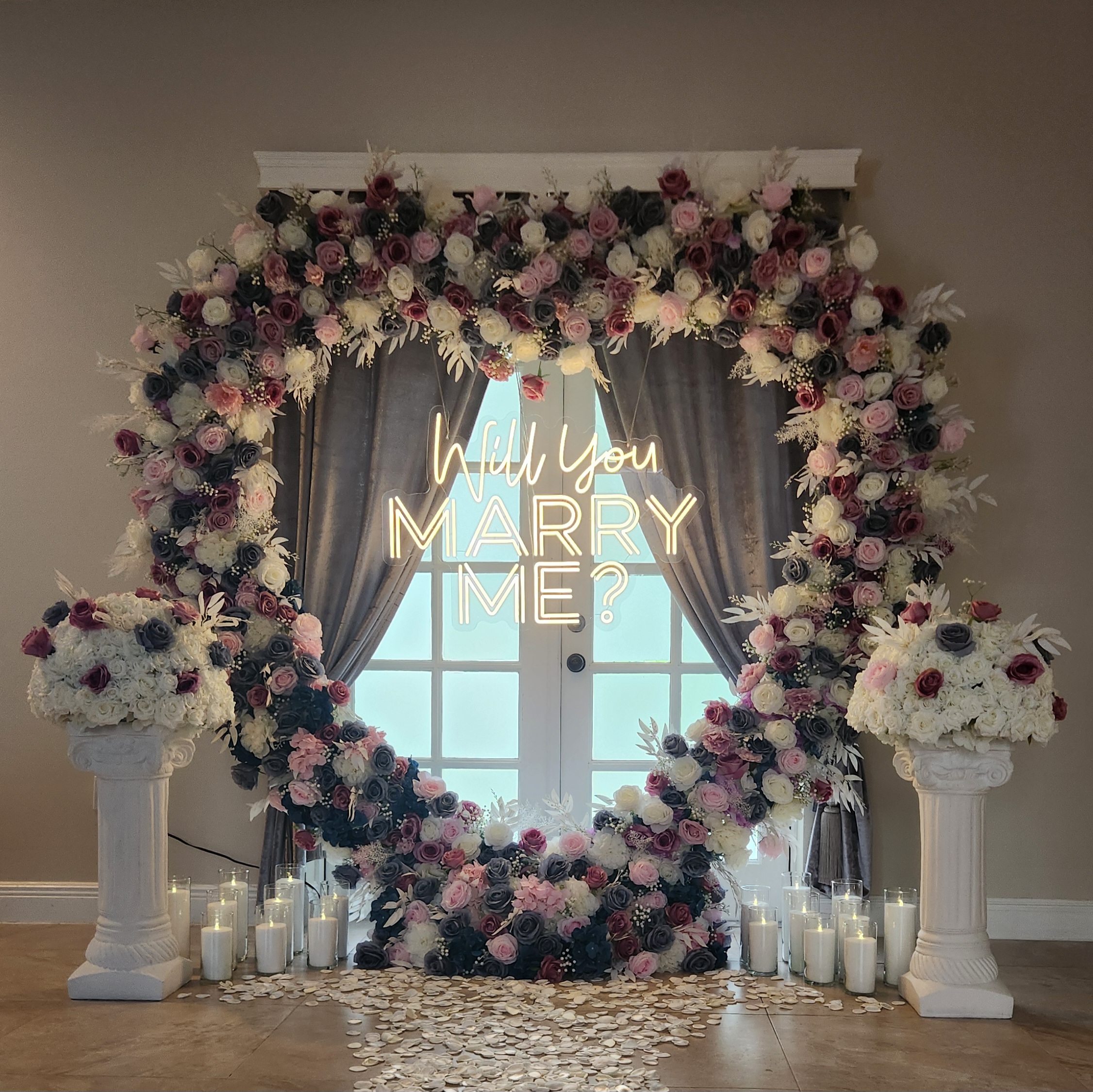 #R0016 - Set: Arch, Retro Neon Sign, 2 Flower Balls, 18 Candles, $445.00 Set: Arch, Retro Neon Sign, 2 Flower Balls, 18 Candles