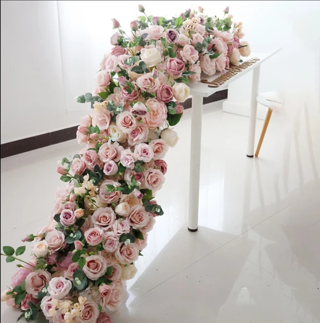 #C0014 - Pink Rose Green Leaves Runner 6.5ft, $50.00 Pink Rose Green Leaves Runner 6.5ft