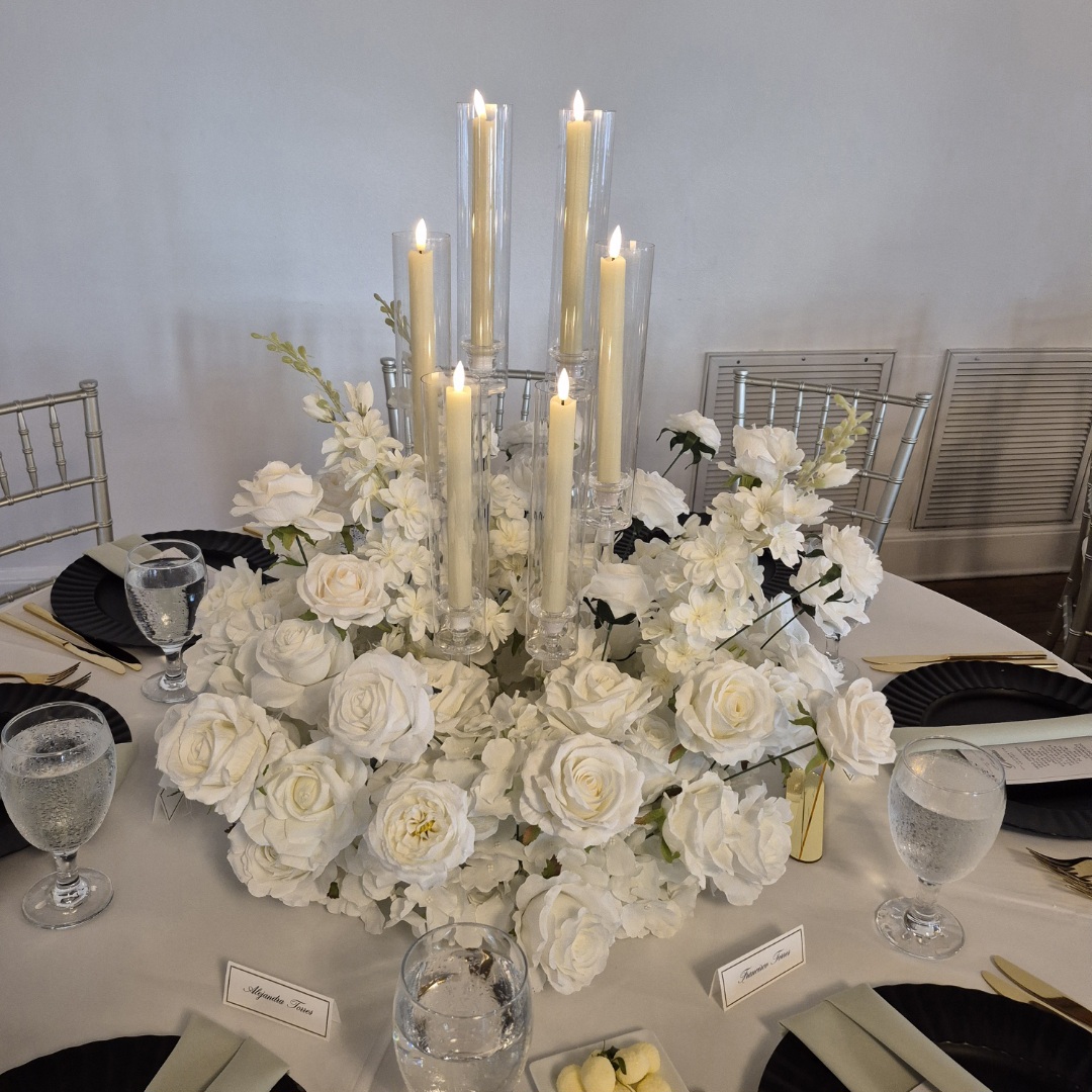 #C0096 - White Rose Delphinium Flower Centerpiece with Tall Candles, $65.00 White Rose Delphinium Flower Centerpiece with Tall Candles