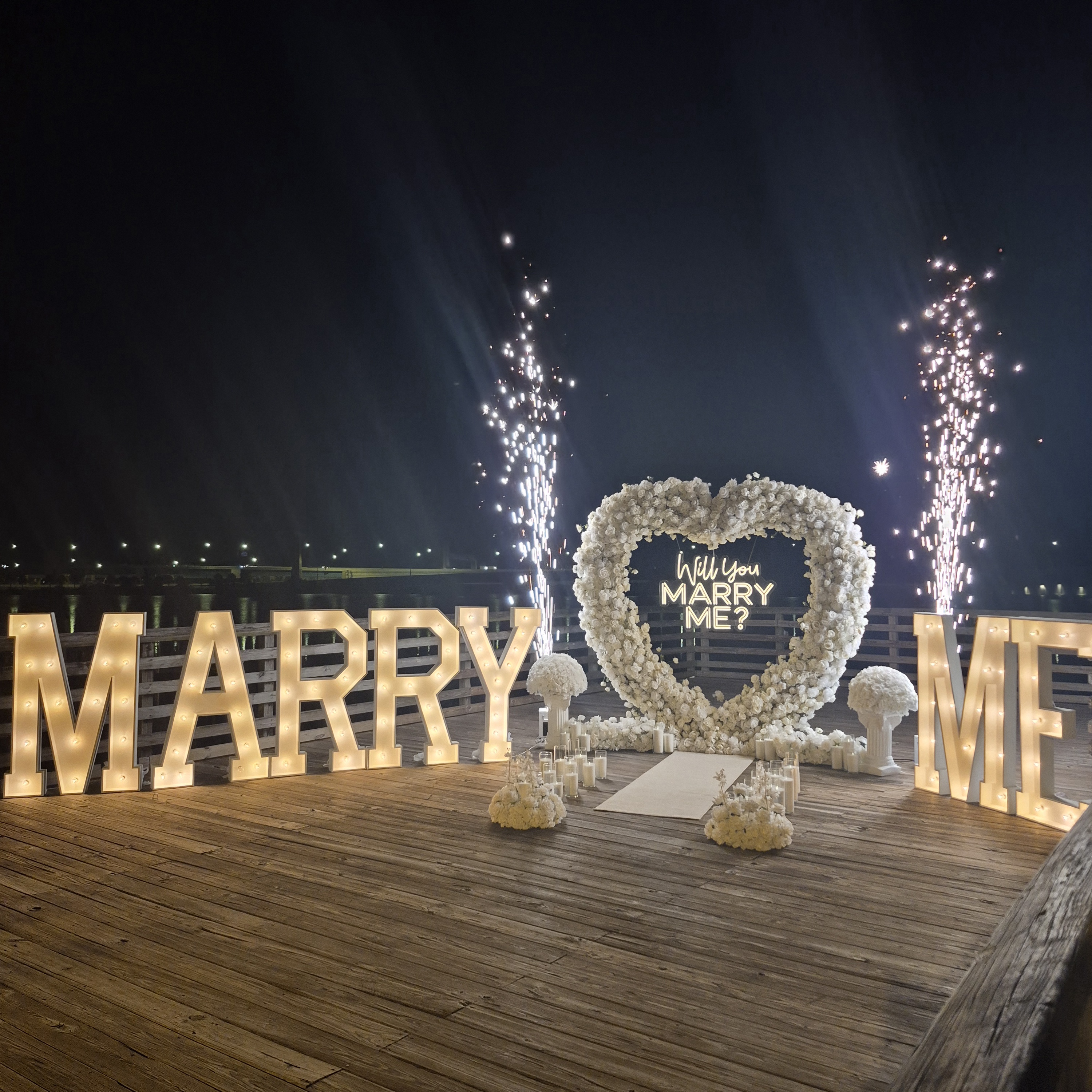 #R0048 - Set: Marquee Letters, Arch, Neon Sign, 2 Sparklers, 36 candles, 2 Pedestals, 4 Balls, Carpet, $975.00 Set: Marquee Letters, Arch, Neon Sign, 2 Sparklers, 36 candles, 2 Pedestals, 4 Balls, Carpet