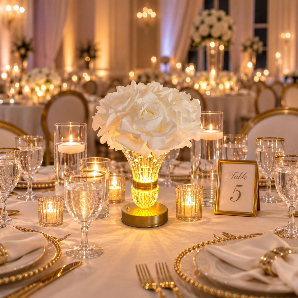 #C0024 - LED Crystal Vase & White Real-Toach Roses, $18.00 LED Crystal Vase & White Real-Toach Roses