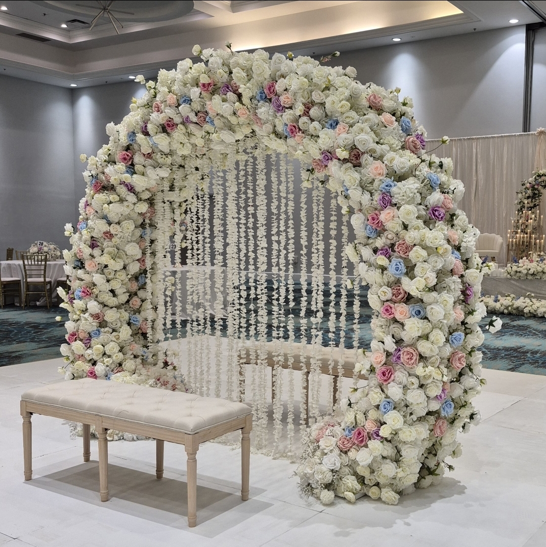 #B0059 - White Pink Blush Blue Rose Round Arch Double-Sided, $580.00 White Pink Blush Blue Rose Round Arch Double-Sided