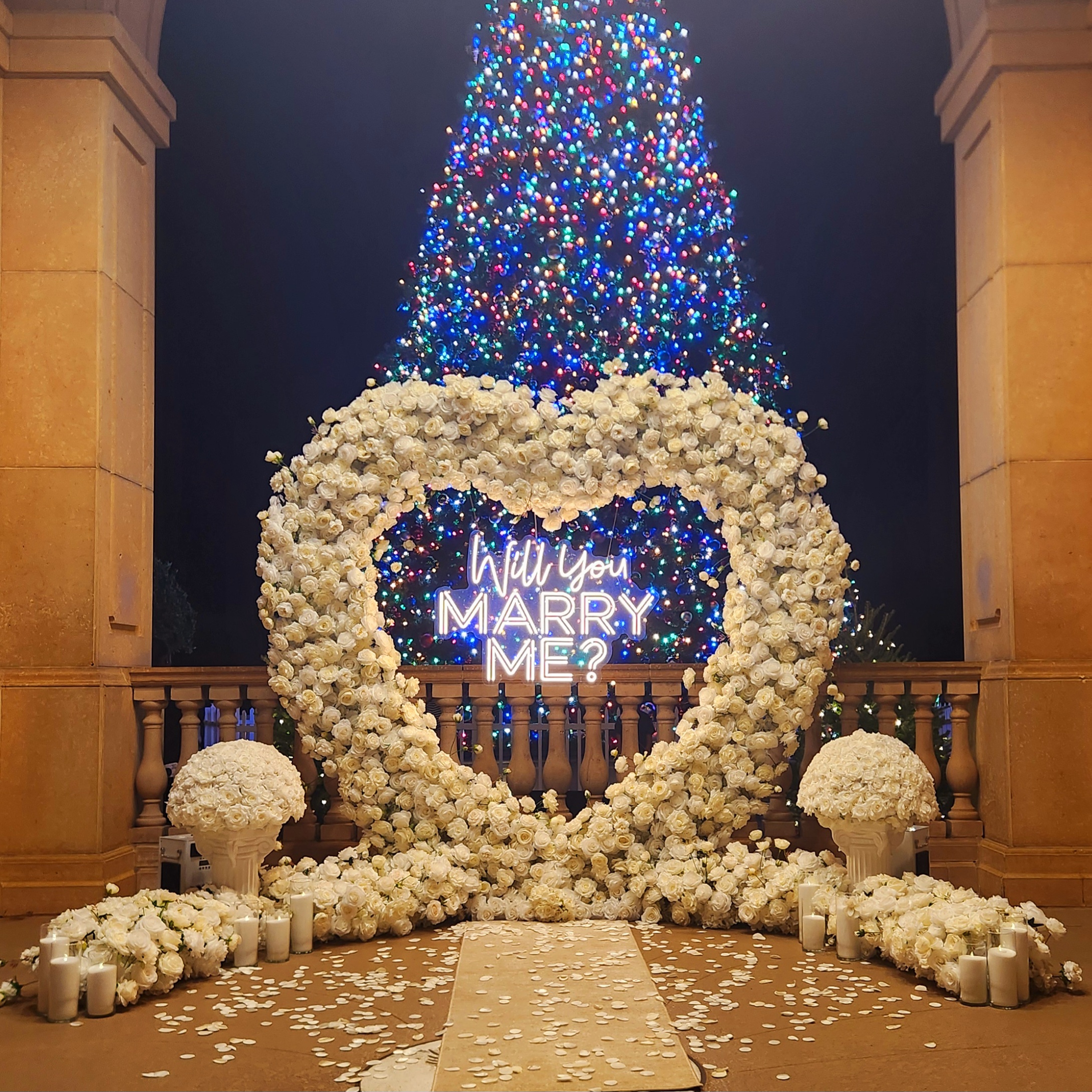 #R0024 - Set: Arch, Neon Sign, 2 pedestals, 2 Balls, 4 Runners, 12 Candles, Carpet, $495.00 Set: Arch, Neon Sign, 2 pedestals, 2 Balls, 4 Runners, 12 Candles, Carpet