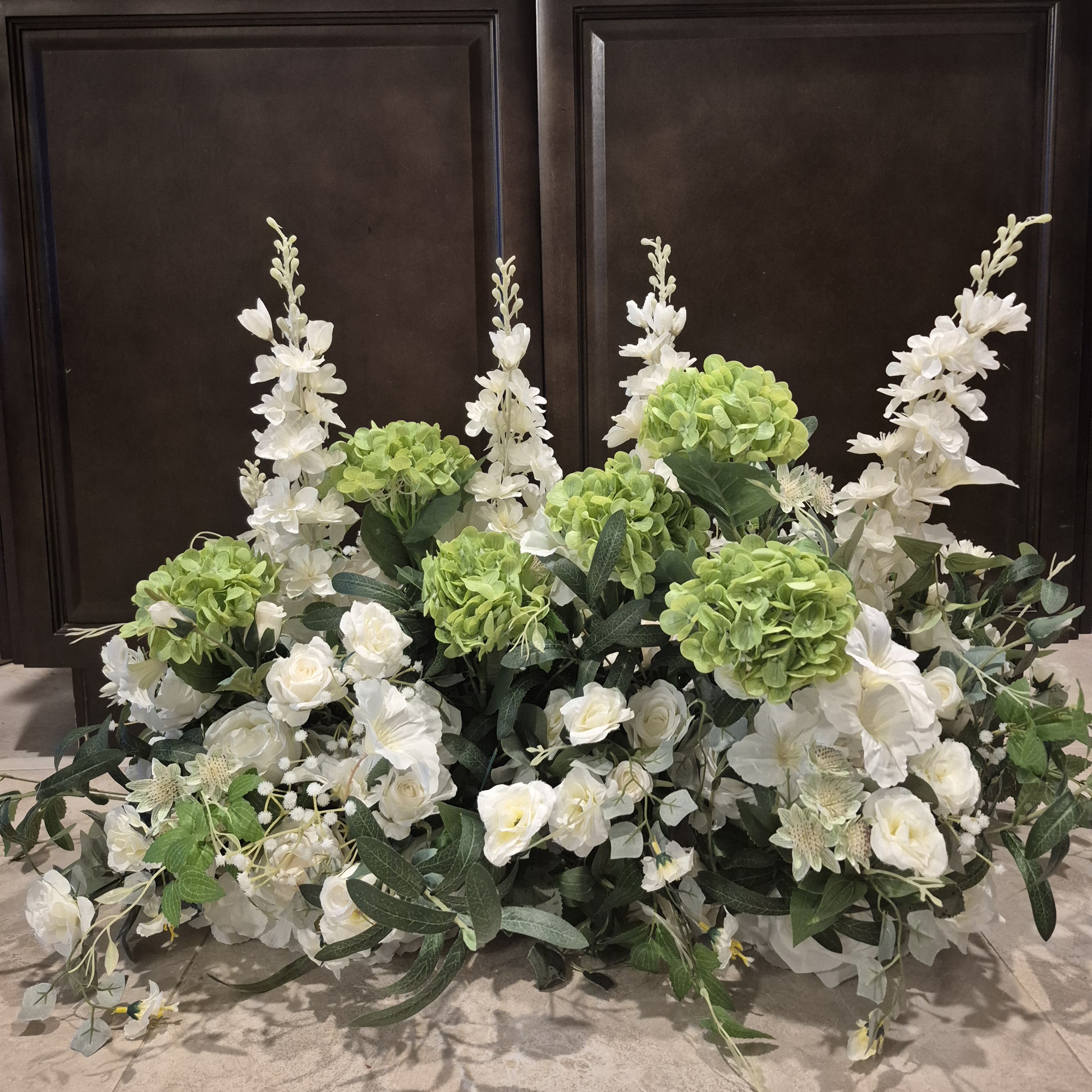 #C0119 - White Rose Sage Green Hydrangea Delphinium Flower Centerpiece, $80.00 White Rose Sage Green Hydrangea Delphinium Flower Centerpiece