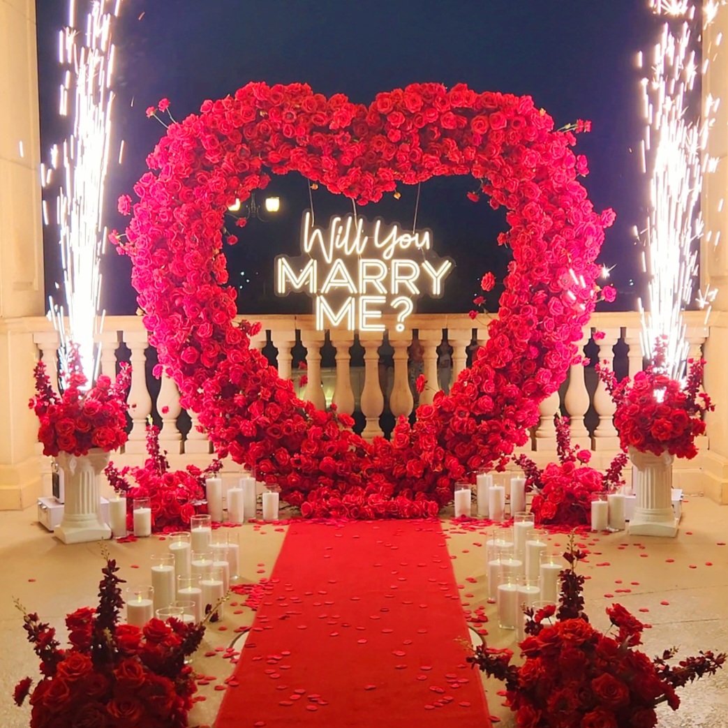 #R0021 - Set: Arch, Neon Sign, 6 Flower Balls, 2 Pedestals, 36 Candles, 2 Sparklers, Carpet , $595.00 Set: Arch, Neon Sign, 6 Flower Balls, 2 Pedestals, 36 Candles, 2 Sparklers, Carpet