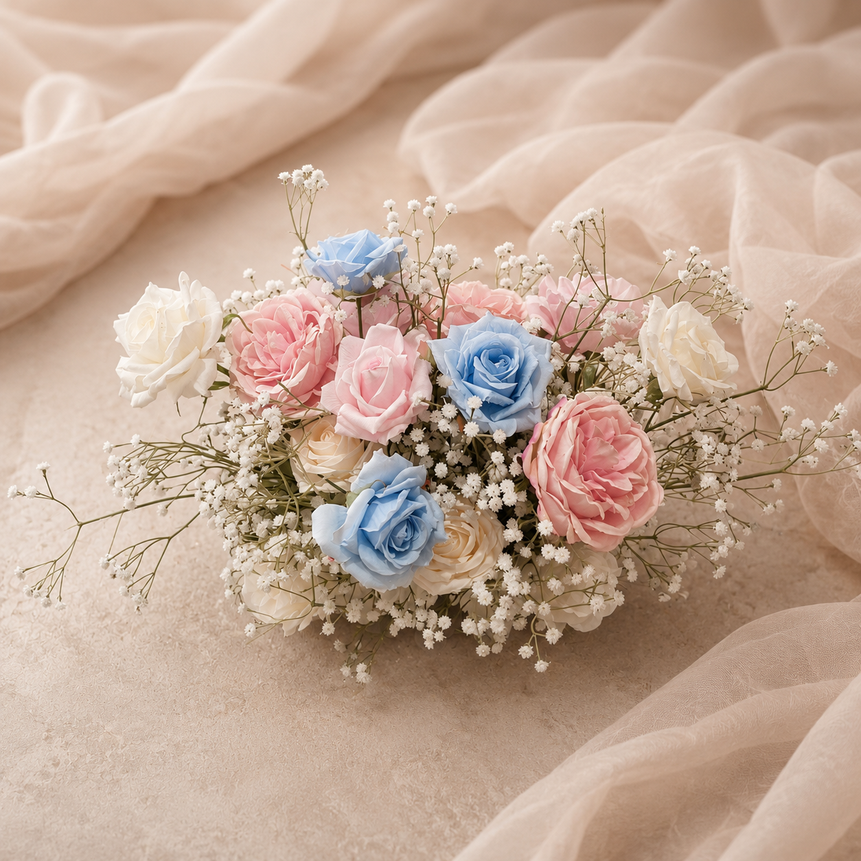 #C0122 - White Pink Blue Rose Babybreath Ball 14", $25.00 White Pink Blue Rose Babybreath Ball 14"