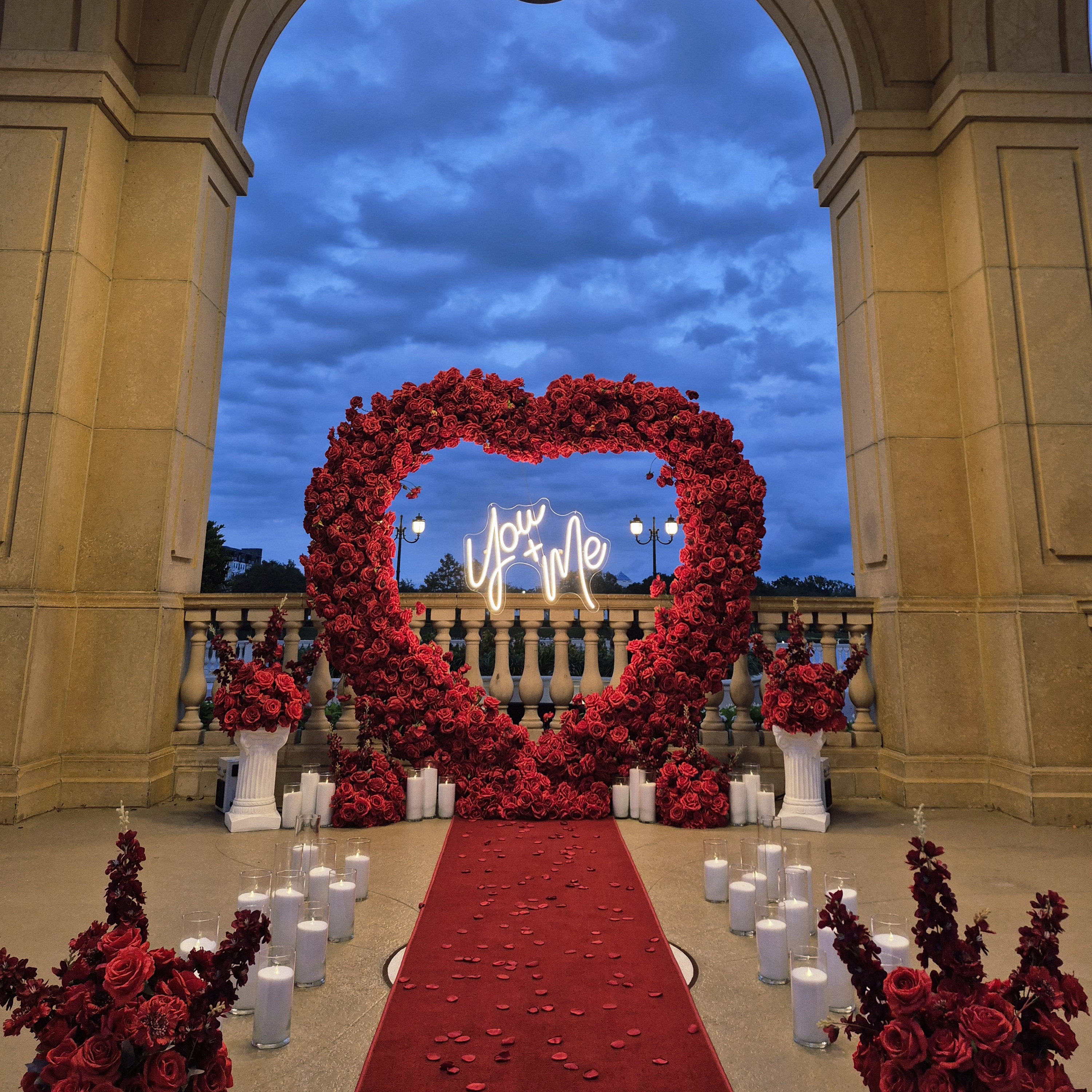 #R0051 - Set: Arch, Sign "You+Me", 6 Balls,2 Pedestals, 2 Sparklers, 36 Candles, Carpet , $495.00 Set: Arch, Sign "You+Me", 6 Balls,2 Pedestals, 2 Sparklers, 36 Candles, Carpet
