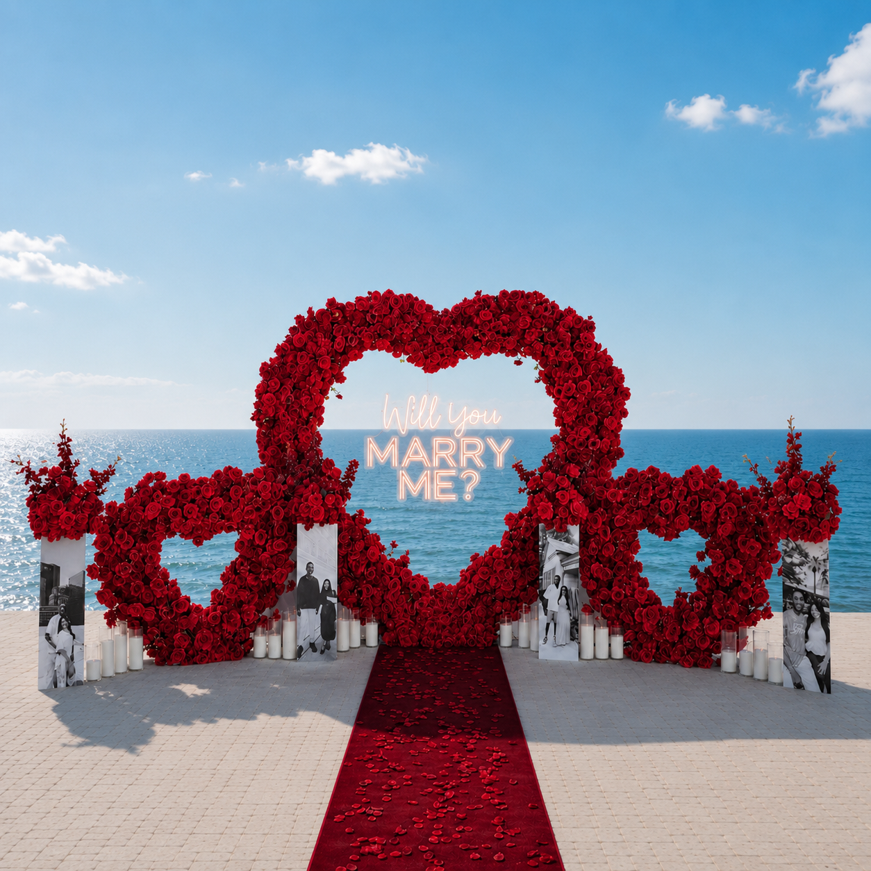 #R0058 - Red Rose Triple Hearts, 4 Photo-boards, 24 Candles, 4 Balls, Neon Sign, Carpet, $1 145.00 Red Rose Triple Hearts, 4 Photo-boards, 24 Candles, 4 Balls, Neon Sign, Carpet