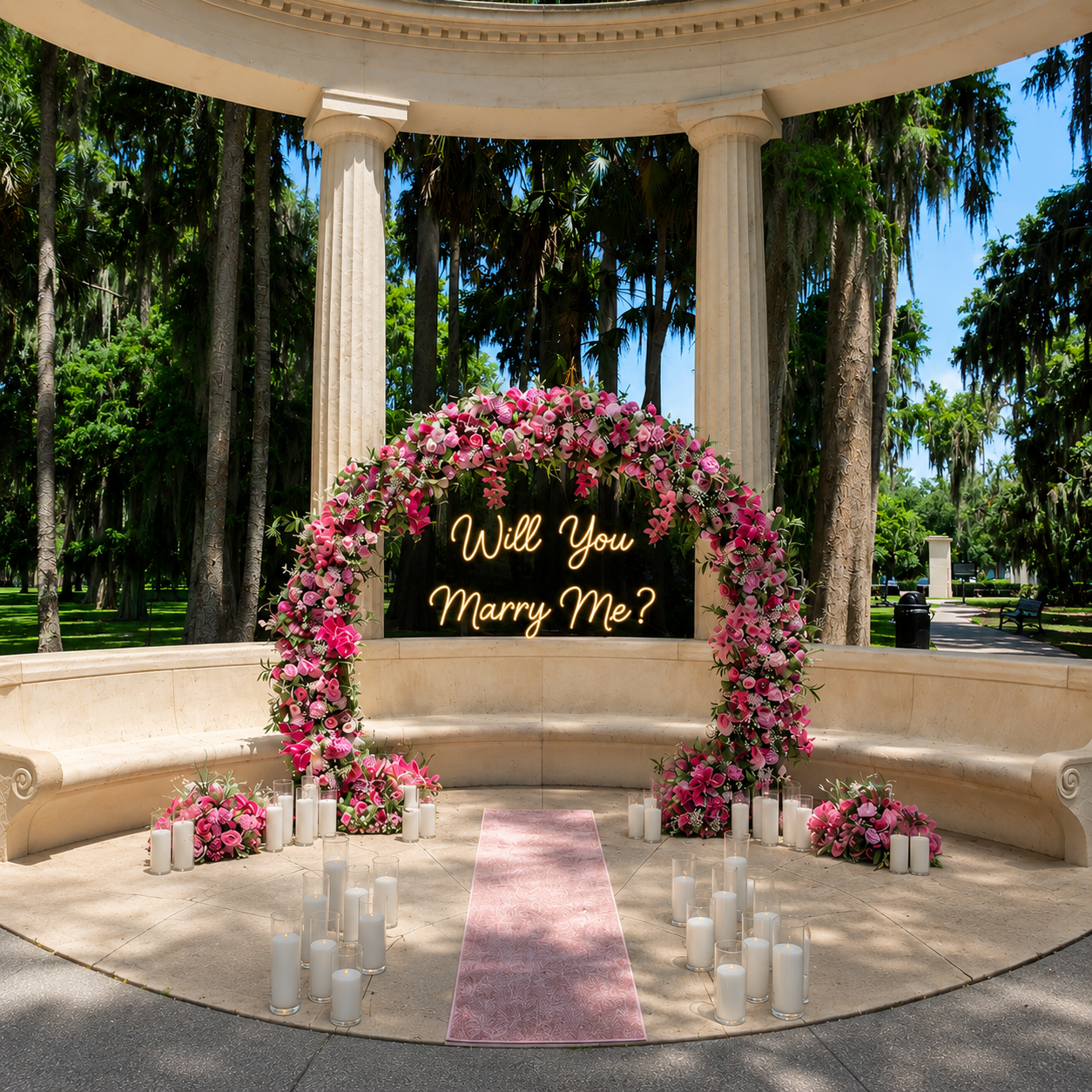 #R0067 - Hot Pink Round Arch, 36 Candles, 2 Balls, Carpet, Neon Sign , $495.00 Hot Pink Round Arch, 36 Candles, 2 Balls, Carpet, Neon Sign
