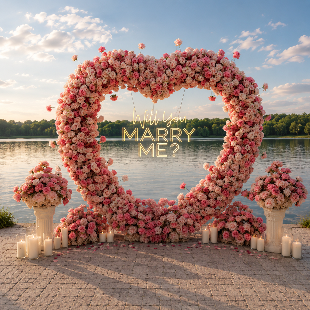 #R0032 - Set: Arch, Neon Sign, 4 Flower Balls, 2 Pedestals, 12 Candles , $495.00 Set: Arch, Neon Sign, 4 Flower Balls, 2 Pedestals, 12 Candles