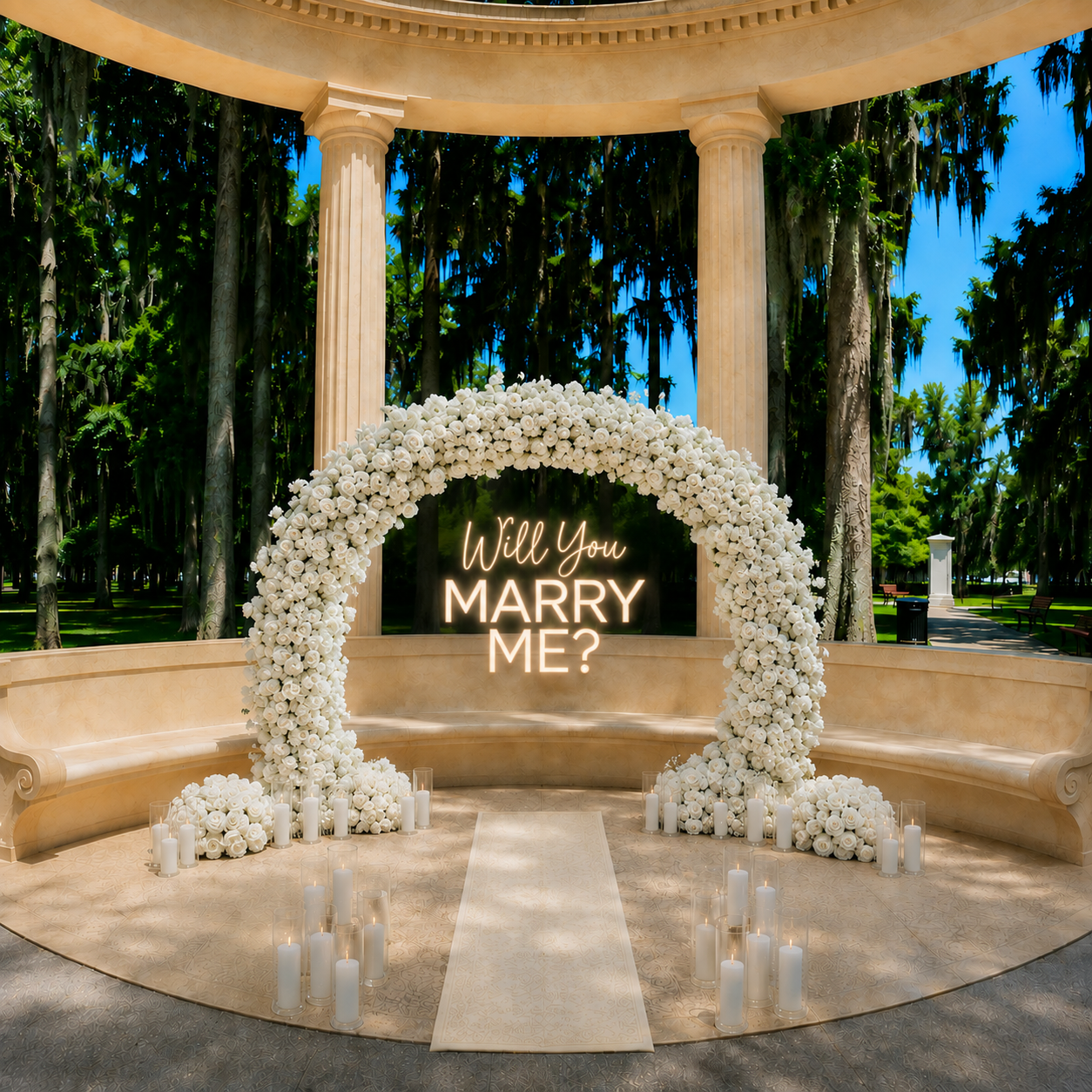 #R0075 - Floral Round Arch, Neon Sign, 2 Flower Balls, 36 Candles, Ivory Carpet, $495.00 Floral Round Arch, Neon Sign, 2 Flower Balls, 36 Candles, Ivory Carpet