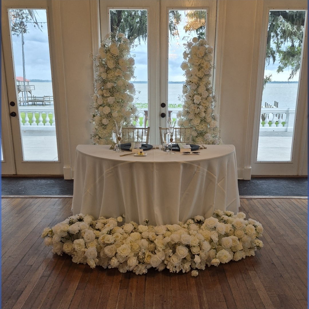 #AA0019 - White Rose Floras & Double Stand Arch, $380.00 White Rose Floras & Double Stand Arch