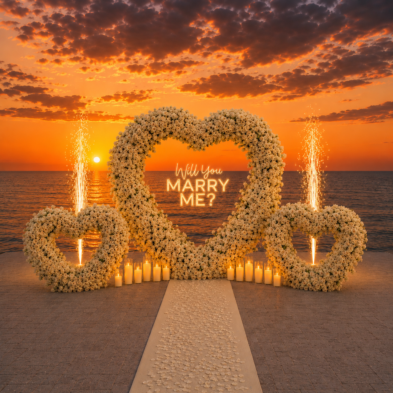 #R0066 - White Rose Triple Hearts, 2 Sparklers, 12 Candles, Neon Sign, Carpet , , $925.00 White Rose Triple Hearts, 2 Sparklers, 12 Candles, Neon Sign, Carpet ,