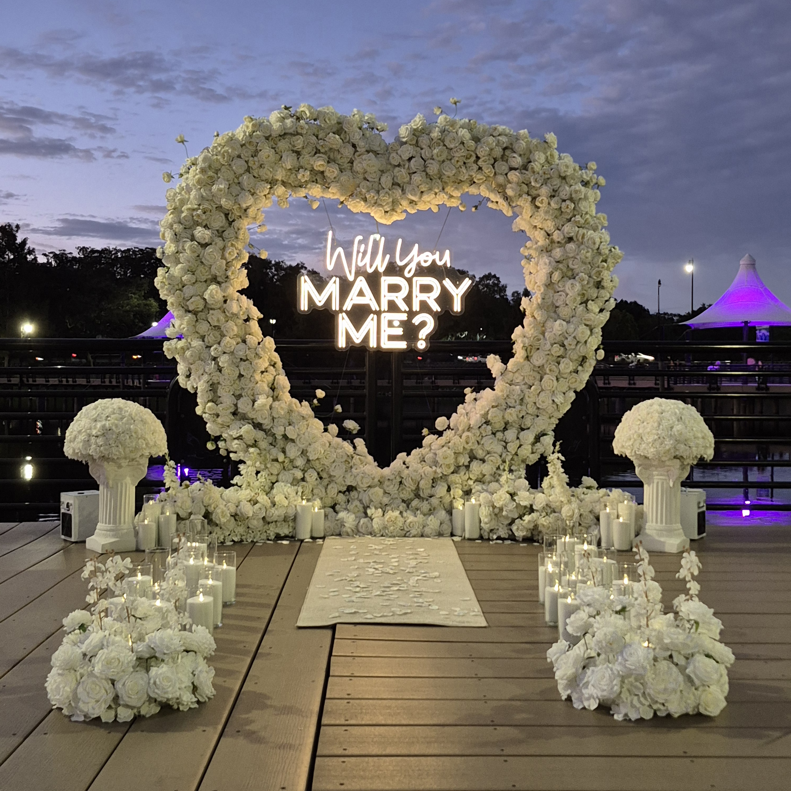 #R0042 - Set: Arch, Neon Sign, 36 Candles, 2 Pillars, 2 Balls, 2 Runners, Carpet, 2 Balls, $520.00 Set: Arch, Neon Sign, 36 Candles, 2 Pillars, 2 Balls, 2 Runners, Carpet, 2 Balls