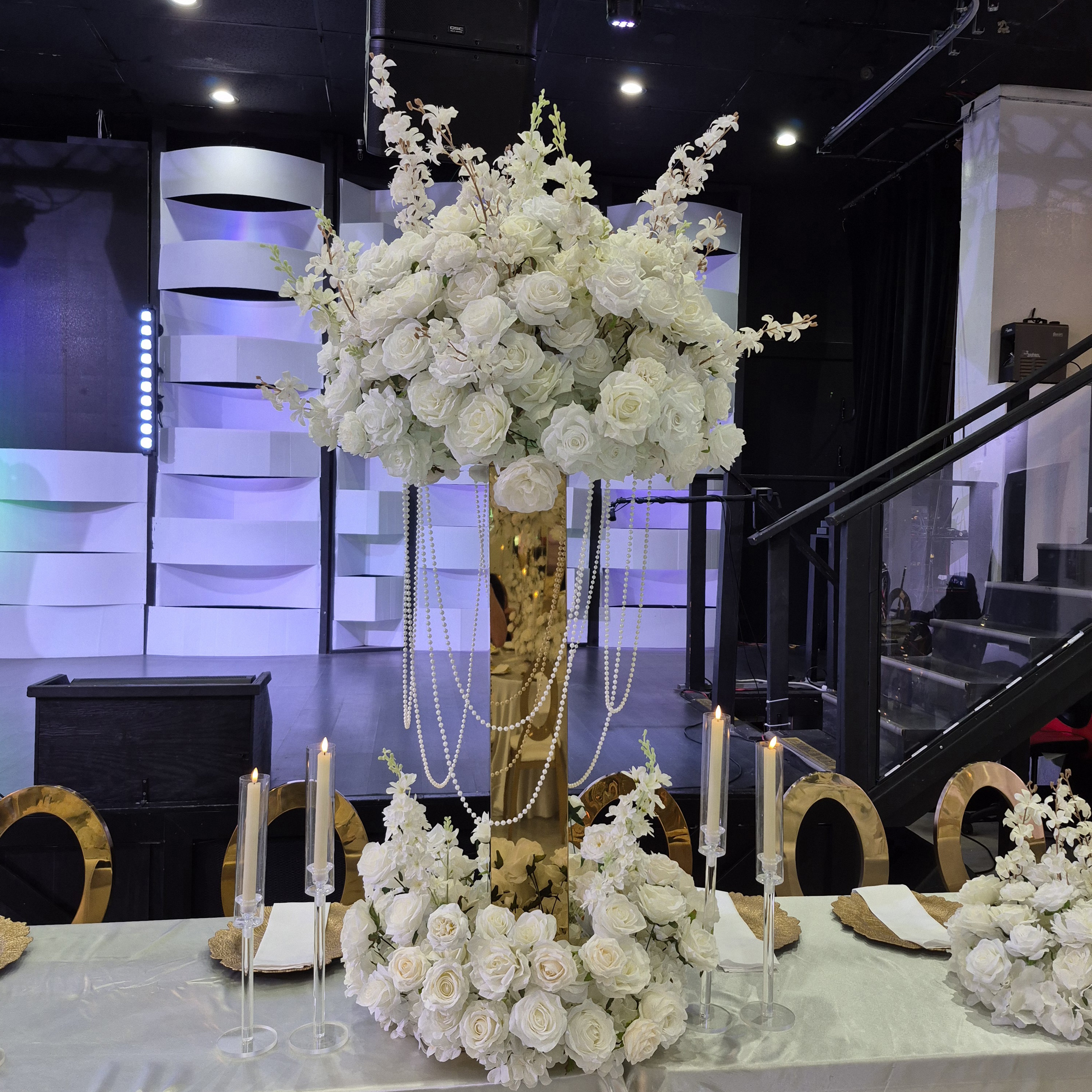 #C0091 - Luxury White Rose Ball + Gold Stand + Pearls , $130.00 Luxury White Rose Ball + Gold Stand + Pearls