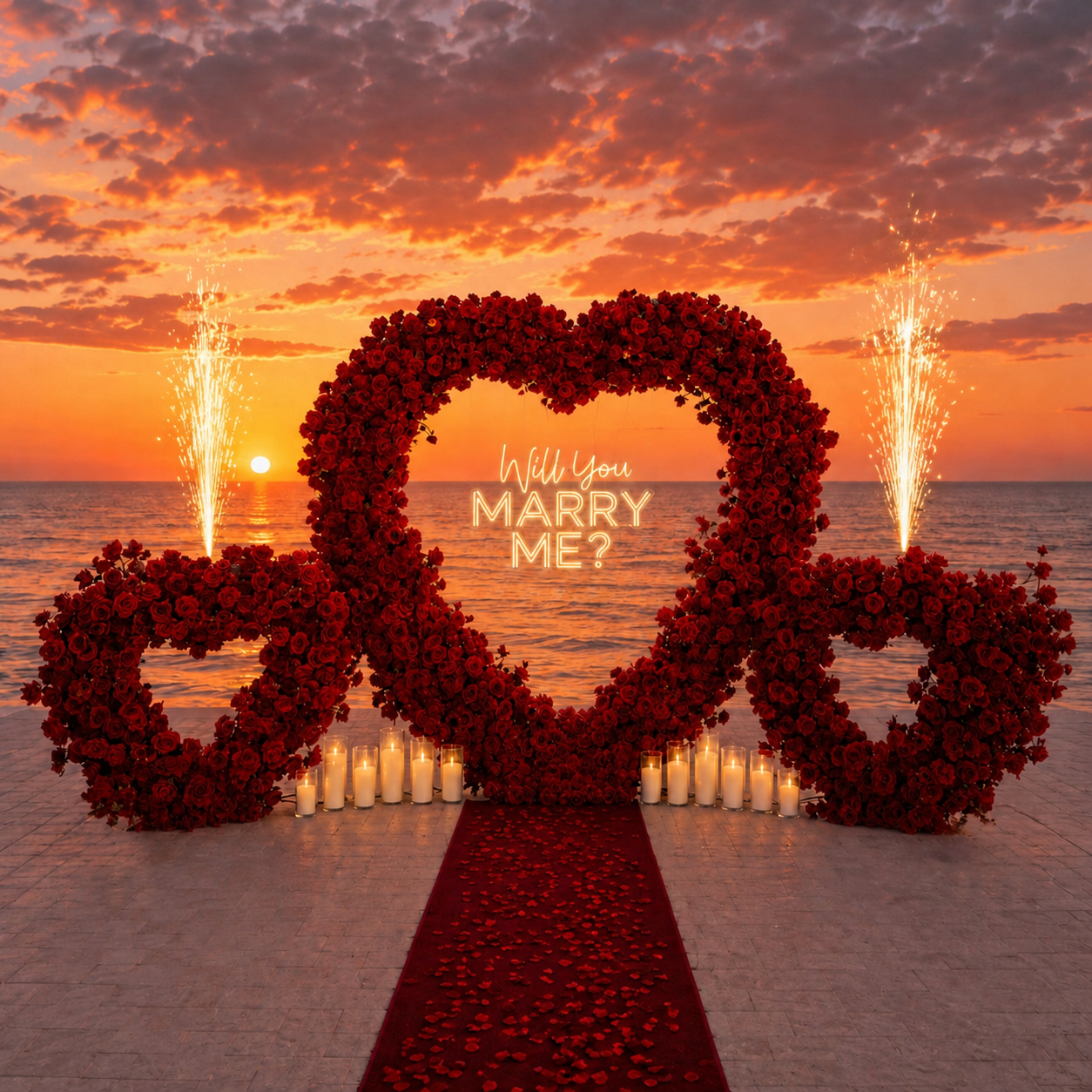 #R0061 - Red Rose Triple Hearts, 2 Sparklers, 12 Candles, Neon Sign, Carpet, $925.00 Red Rose Triple Hearts, 2 Sparklers, 12 Candles, Neon Sign, Carpet
