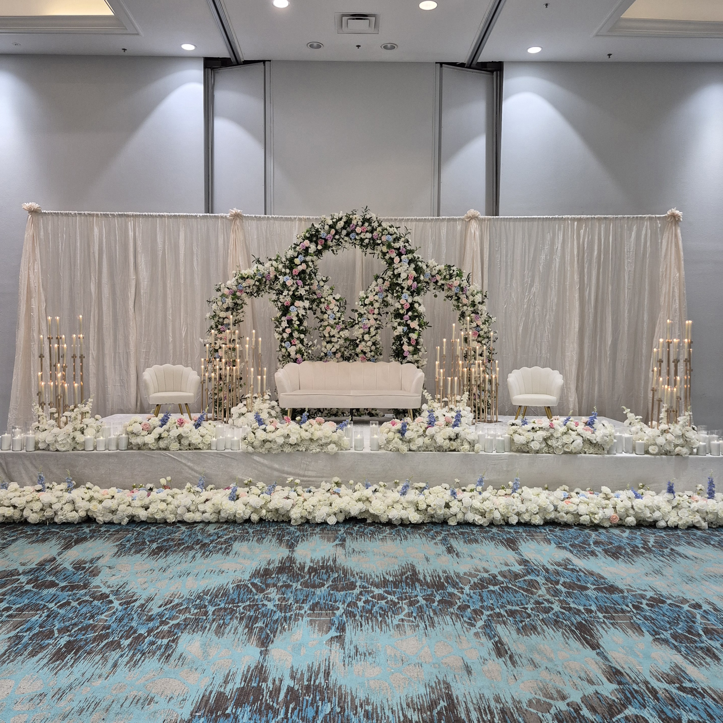 #AA0014 - Set: Florals, Sofa, Chairs, Candles, $2 250.00 Set: Florals, Sofa, Chairs, Candles