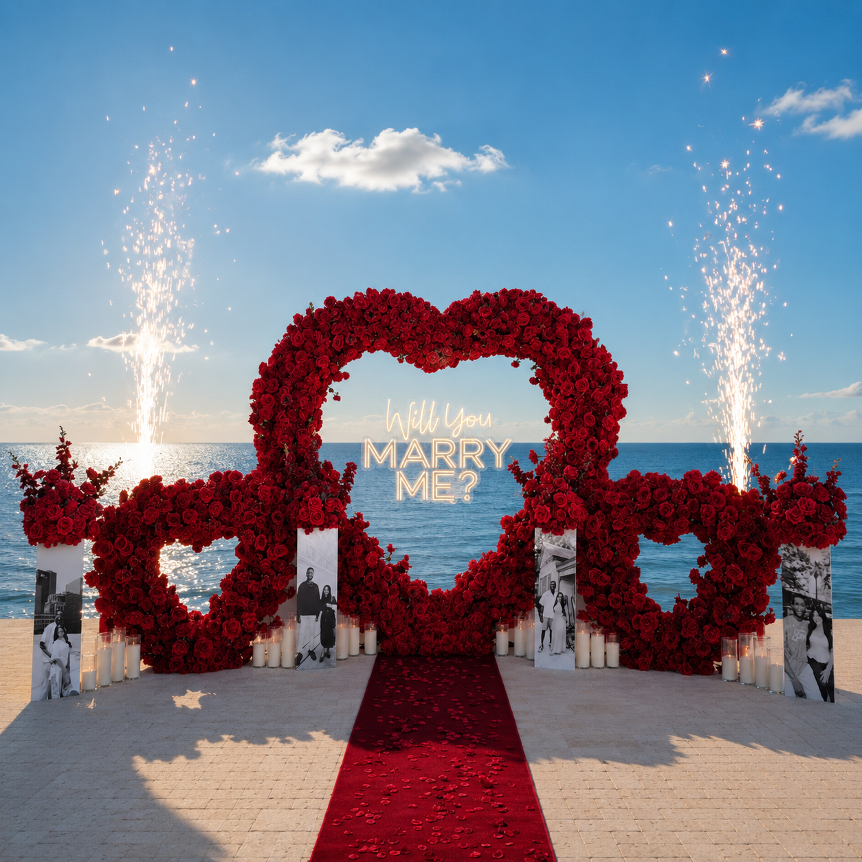 #R0059 - Red Rose Triple Hearts, 4 Photo-boards, 2 Sparklers, 24 Candles, 4 Balls, Neon Sign, Carpet, $1 245.00 Red Rose Triple Hearts, 4 Photo-boards, 2 Sparklers, 24 Candles, 4 Balls, Neon Sign, Carpet