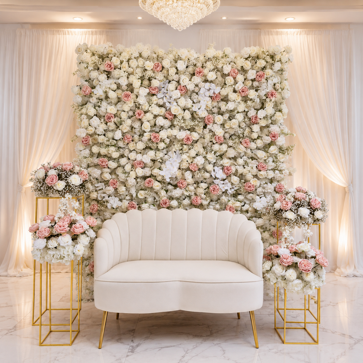 #AA0030 - White Pink Flower Wall, Sofa, 4 Stands with Flower Balls , $620.00 White Pink Flower Wall, Sofa, 4 Stands with Flower Balls