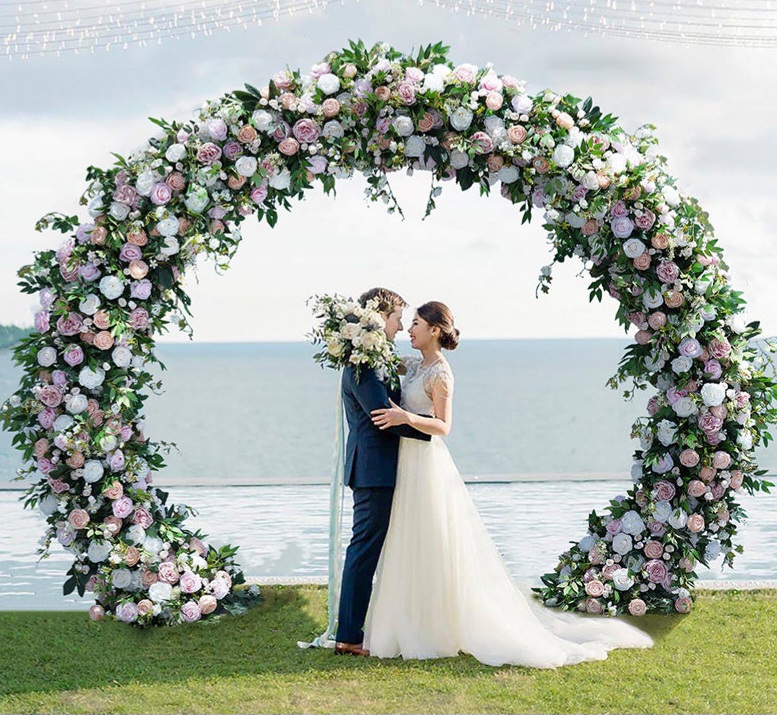 #B0020 - Luxury White Pink Purple Rose Wedding Green Leaves Round Arch, $295.00 Luxury White Pink Purple Rose Wedding Green Leaves Round Arch