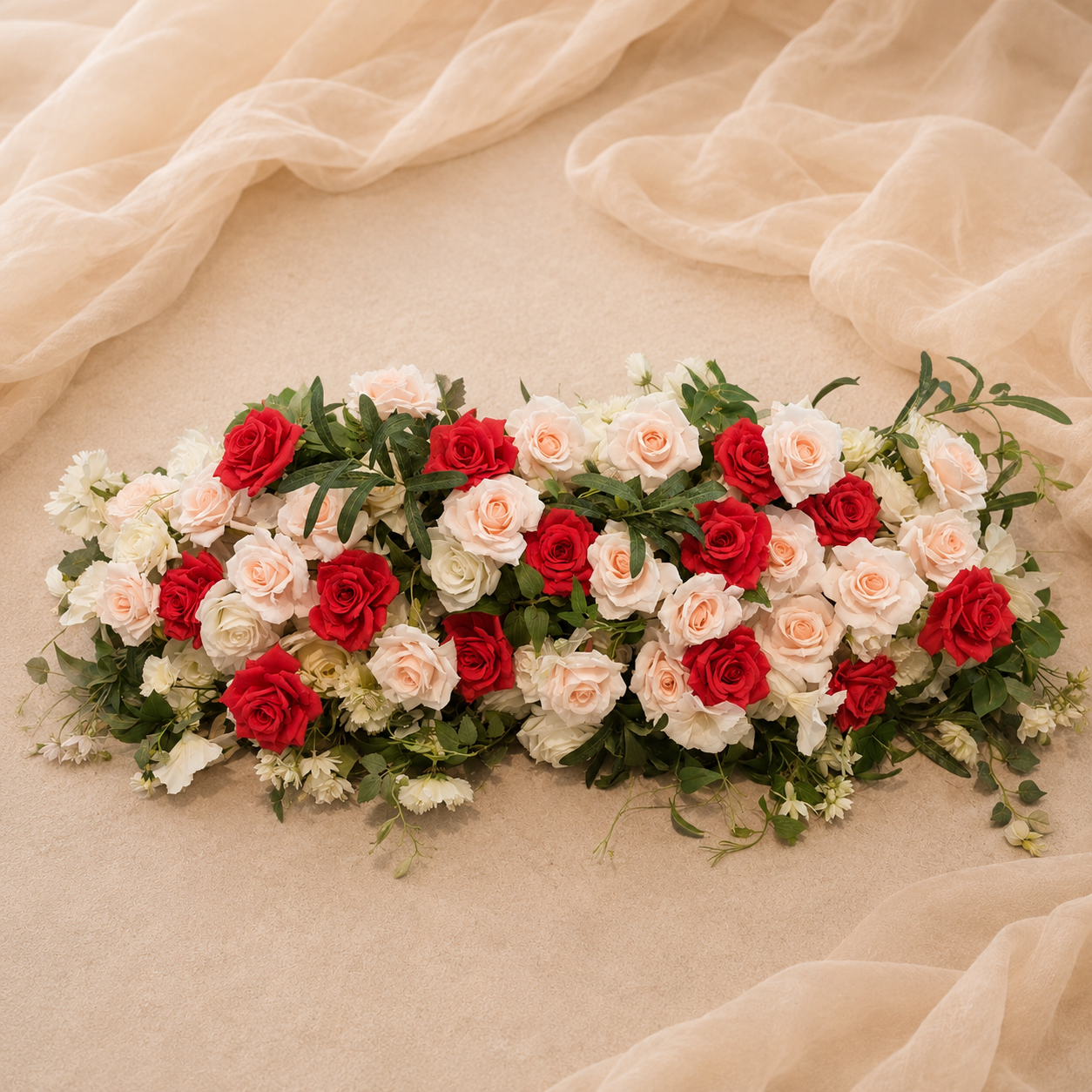 #C0143 - White Red Peach Rose Greenery Runner 3.2ft, $50.00 White Red Peach Rose Greenery Runner 3.2ft