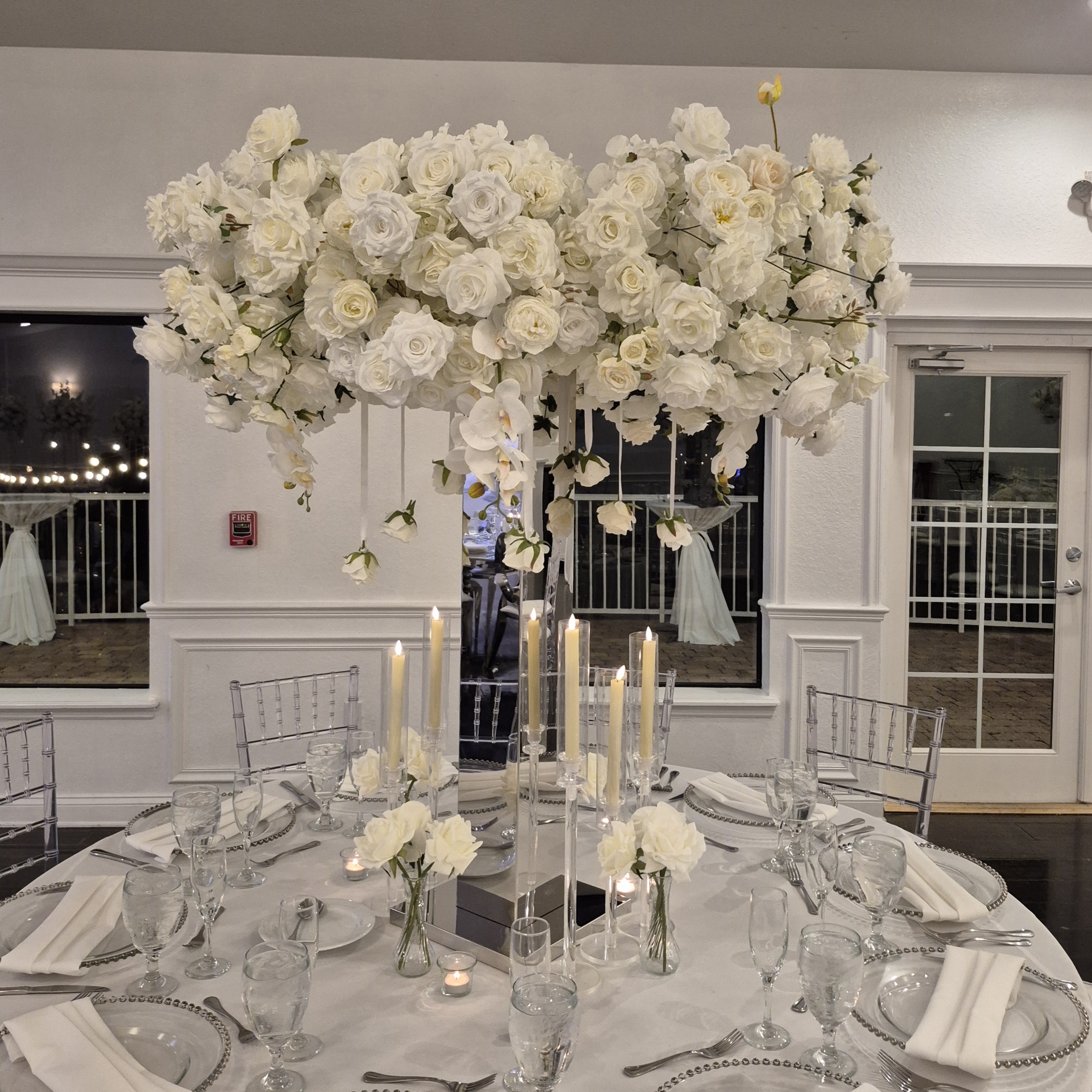 #C0135 - Deluxe White Rose Orchid Circle Centerpiece & Silver Stand, $140.00 Deluxe White Rose Orchid Circle Centerpiece & Silver Stand