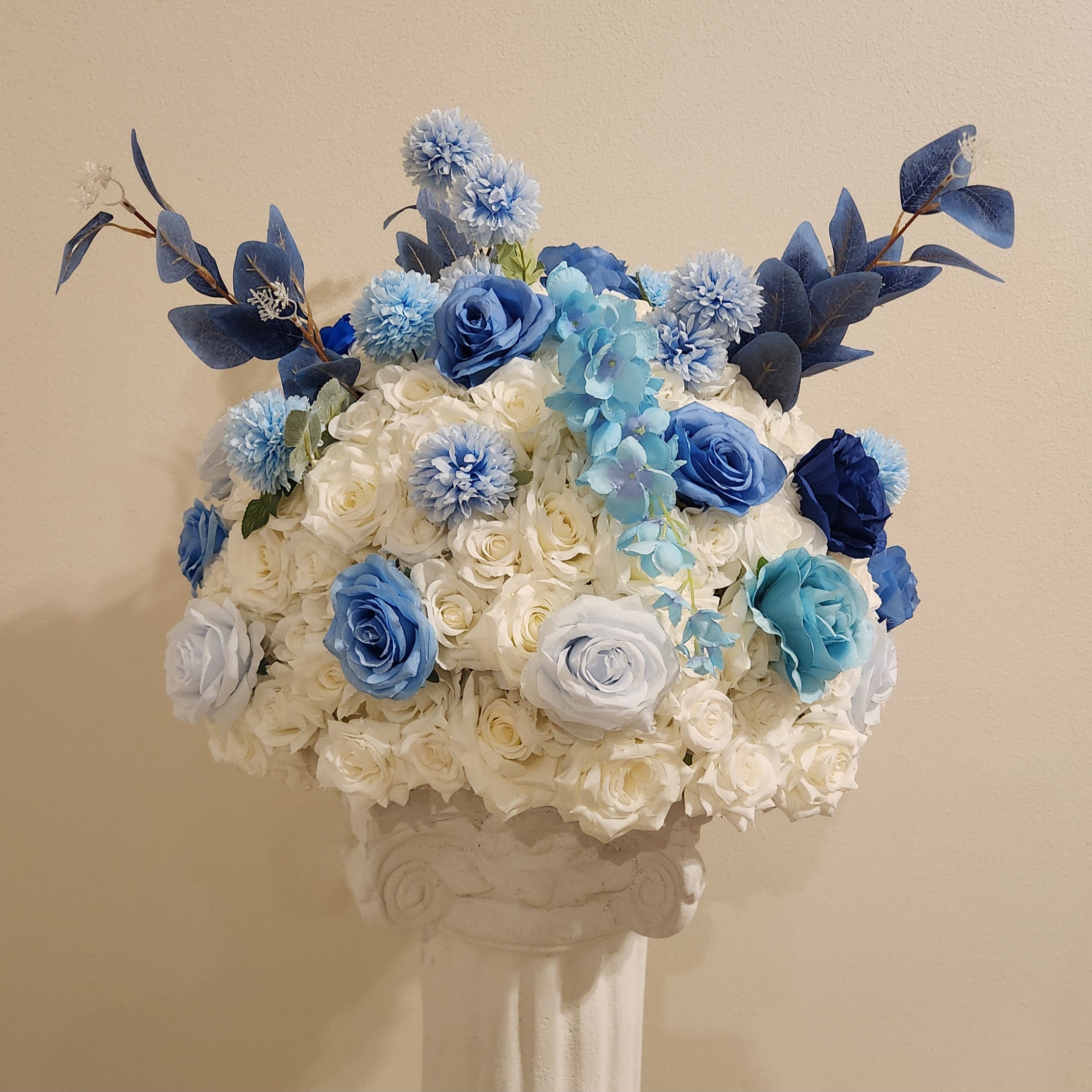 #C0045 - White Blue Rose Flower Ball 20in, $45.00 White Blue Rose Flower Ball 20in