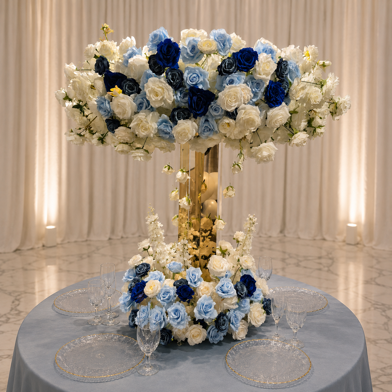 #C0018 - White Navy Blue Rose Circle Centerpiece & Gold Stand, $170.00 White Navy Blue Rose Circle Centerpiece & Gold Stand