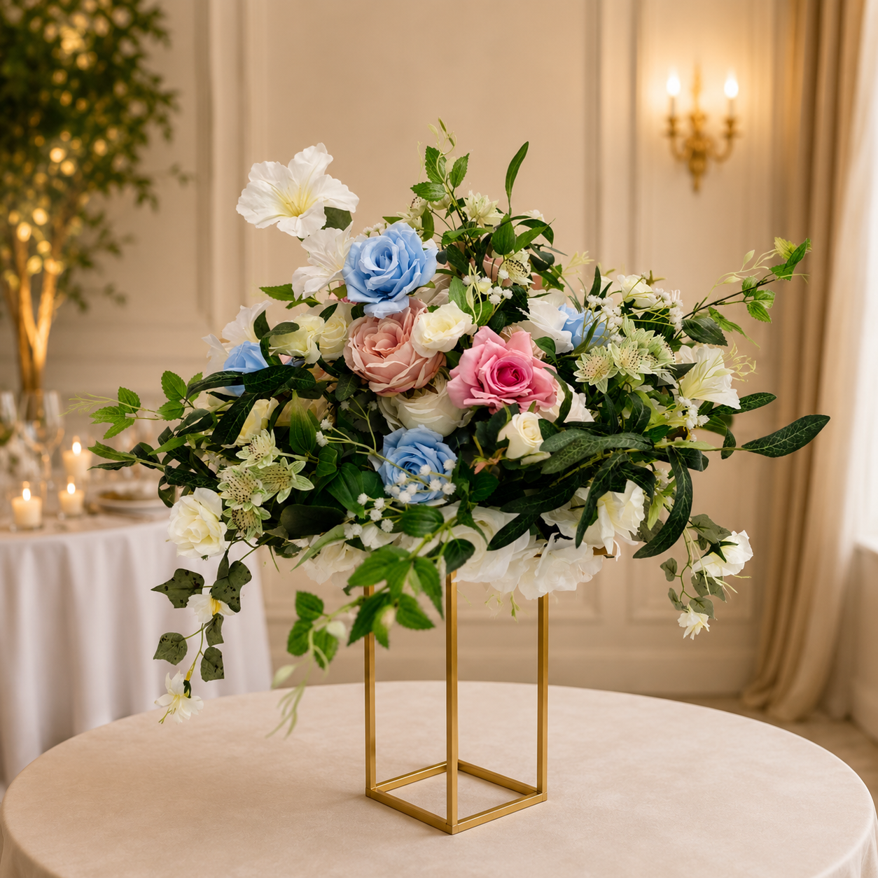 #C0112 - White Pink Blue Rose Greenery Ball 20in, $50.00 White Pink Blue Rose Greenery Ball 20in