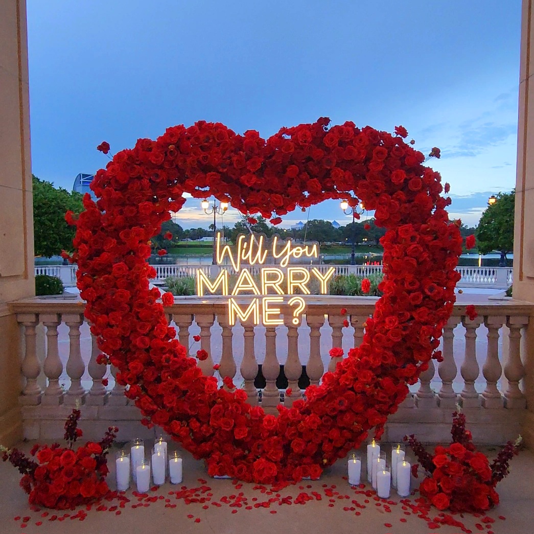 #R0017 - Set: Arch, Retro Neon Sign, 12 Candles, 2 Flower Balls, $375.00 Set: Arch, Retro Neon Sign, 12 Candles, 2 Flower Balls