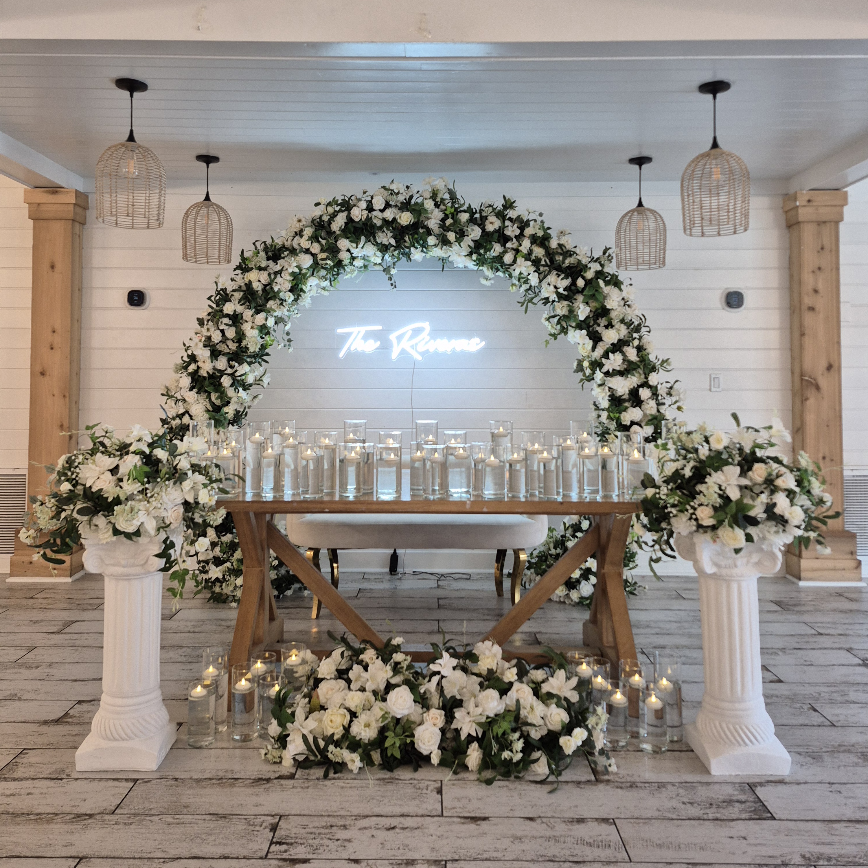 #AA0012 - Green Florals, arch, 2 pillars and 48 andles, $550.00 Green Florals, arch, 2 pillars and 48 andles