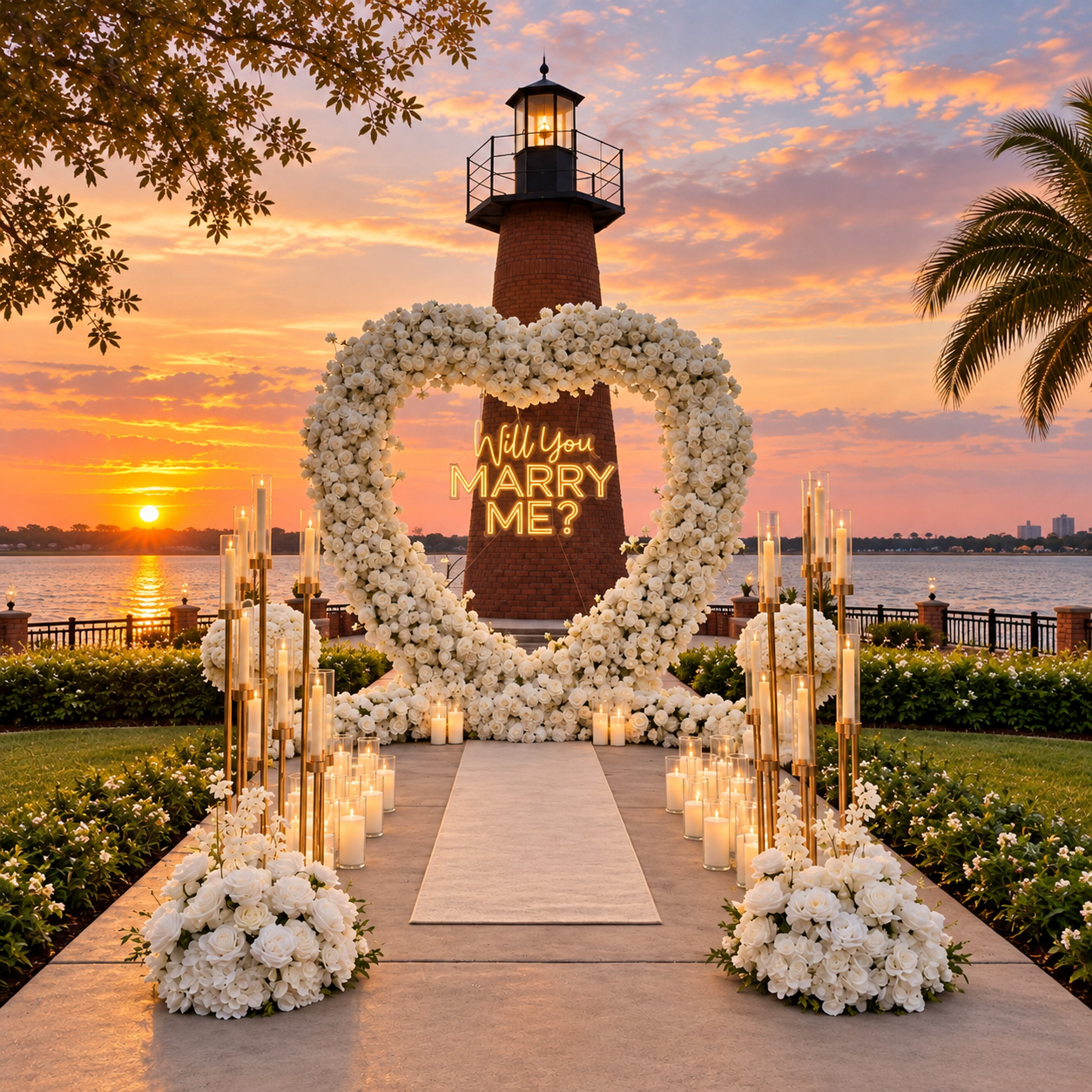 #R0068 - White Rose Heart-Shaped Arch, Neon Sign, 4 Flower Balls, 2 Pedestals, 36 Candles, 2 Candelabras, Ivory Carpet, $565.00 White Rose Heart-Shaped Arch, Neon Sign, 4 Flower Balls, 2 Pedestals, 36 Candles, 2 Candelabras, Ivory Carpet