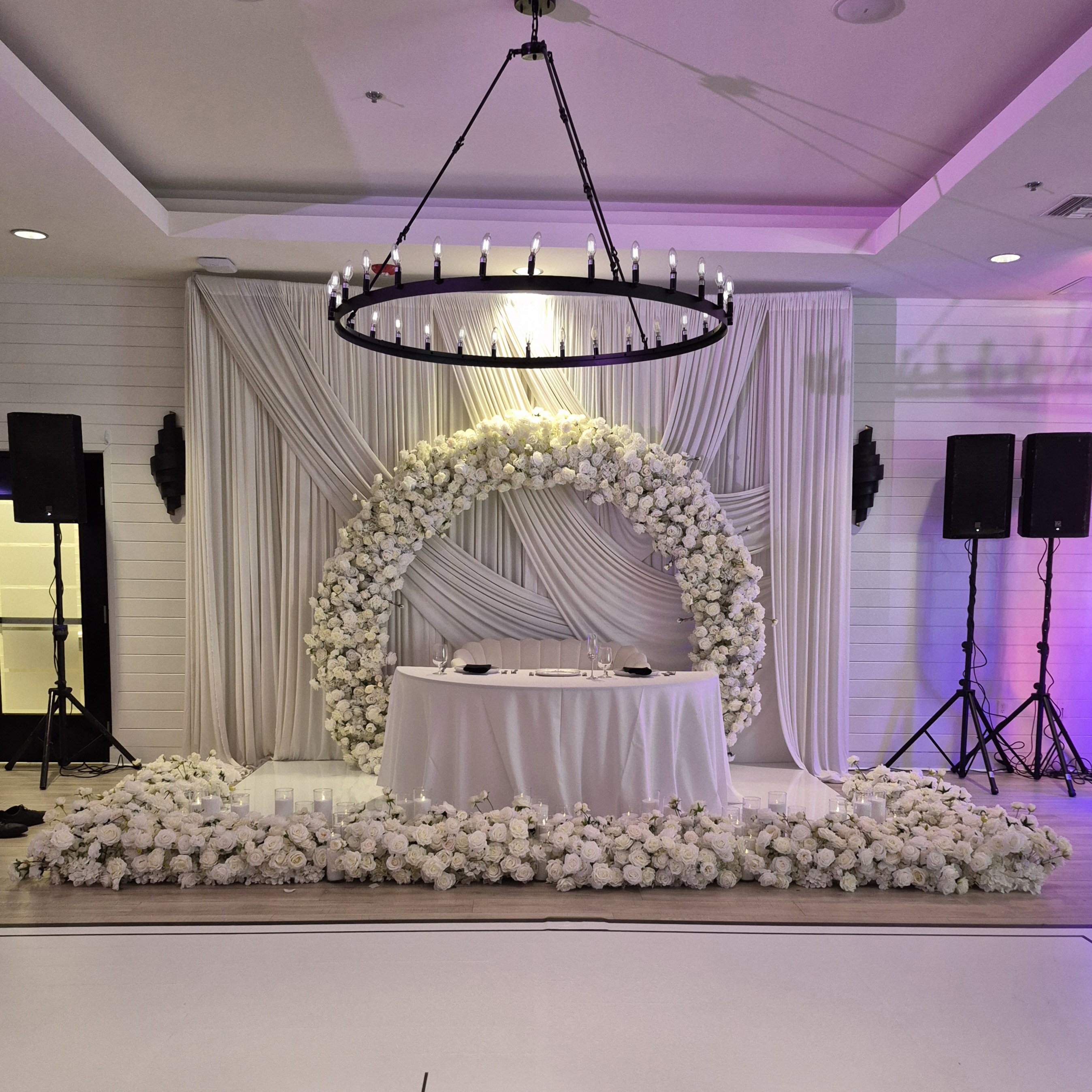 #AA0006 - White Rose Florals and Drapes Backdrop , $875.00 White Rose Florals and Drapes Backdrop