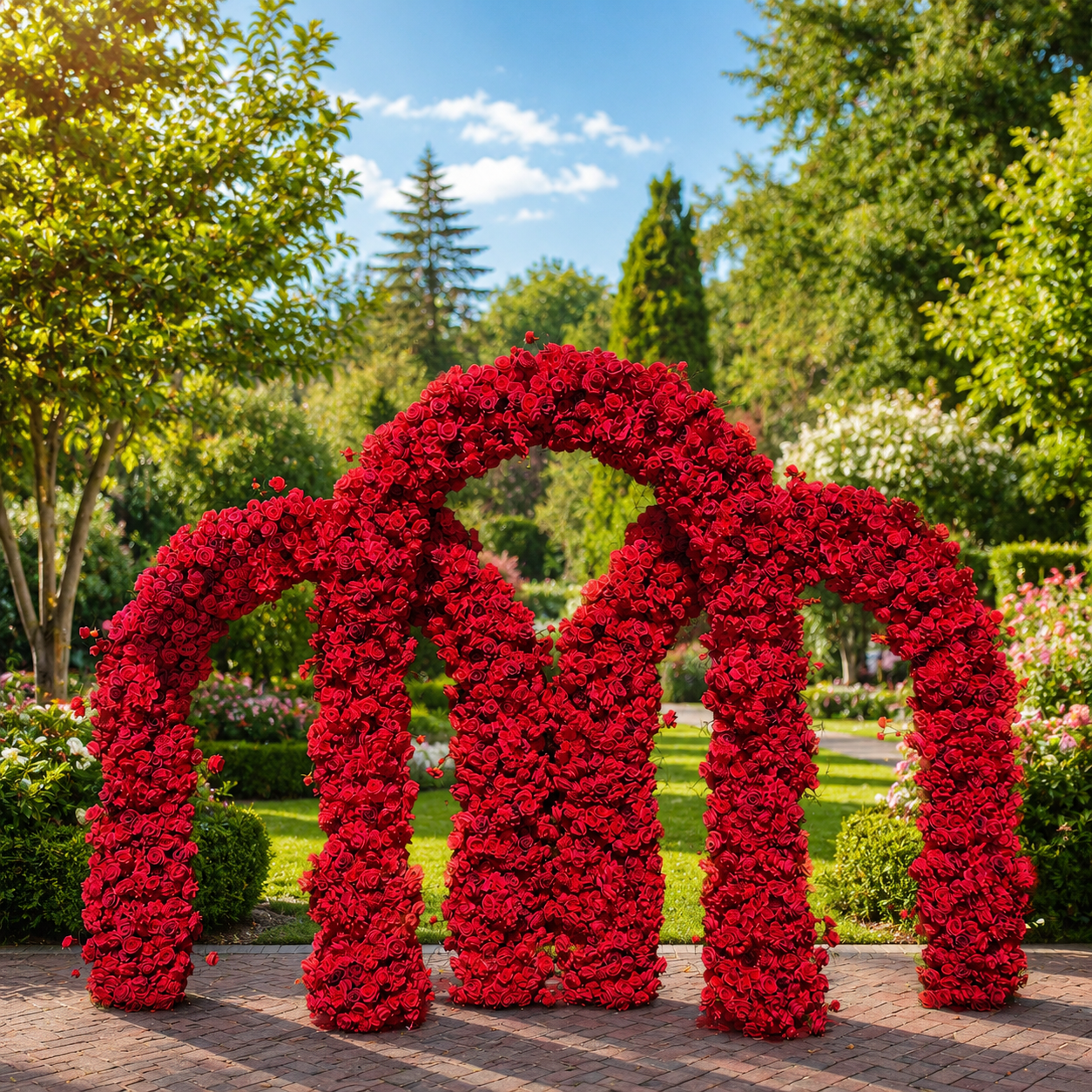 #B0067 - Red Rose Triple Arch 10ft Height , $750.00 Red Rose Triple Arch 10ft Height