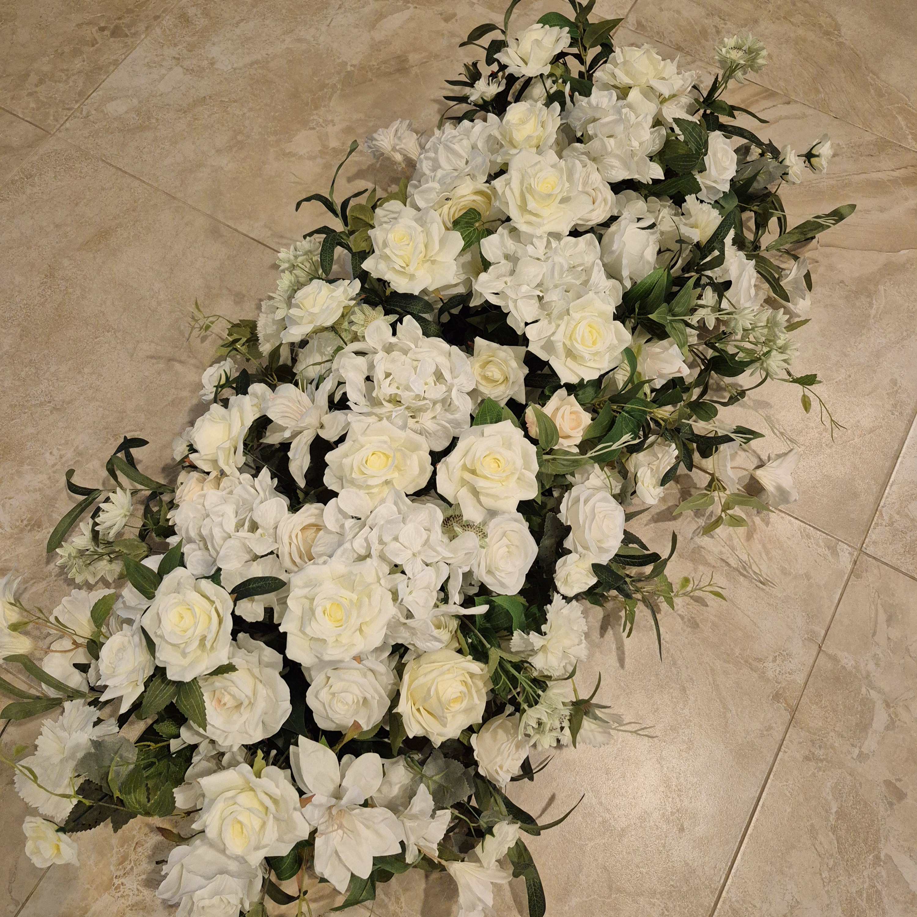 #C0068 - White Ivory Rose Hydrangea Greenery Runner 3.2 ft, $55.00 White Ivory Rose Hydrangea Greenery Runner 3.2 ft