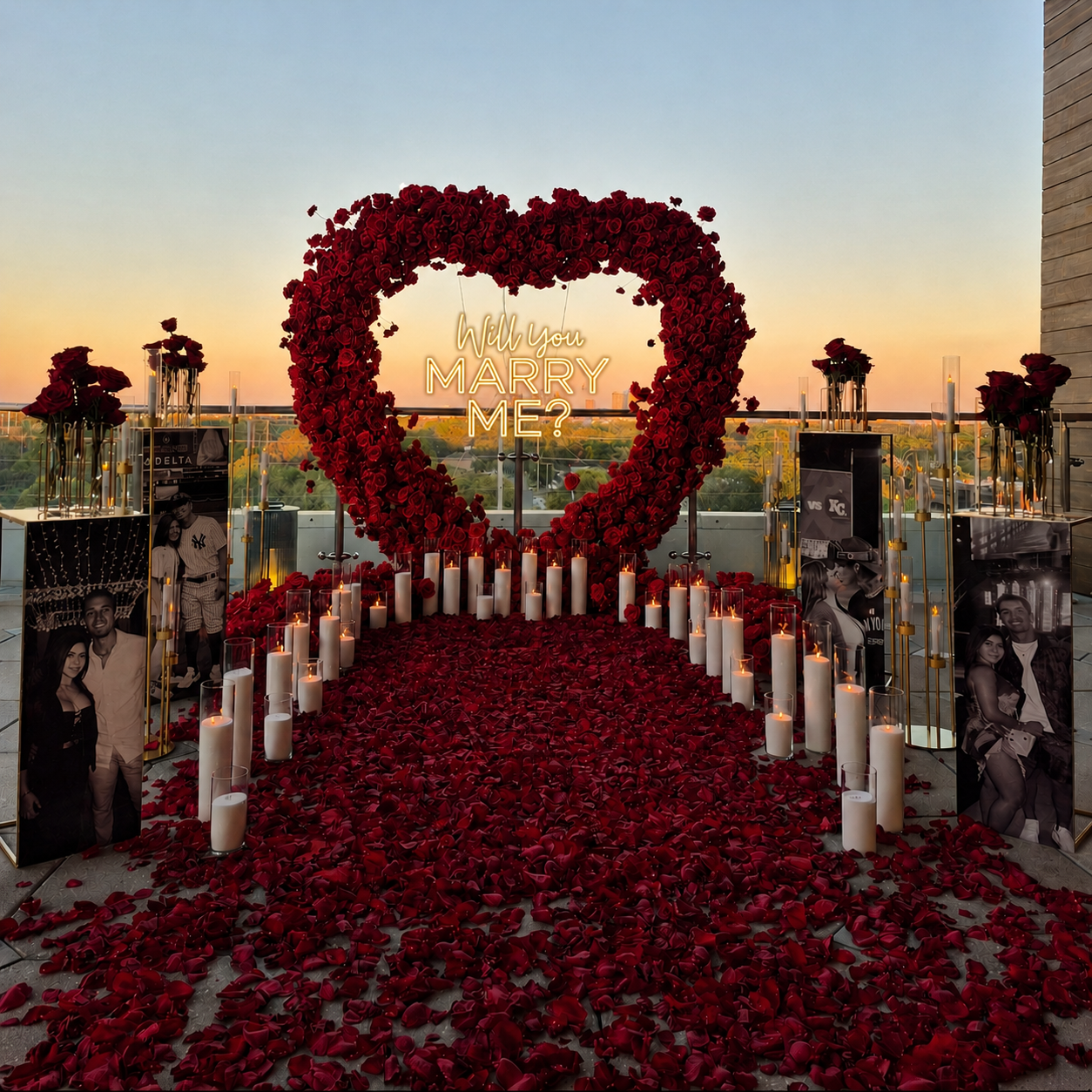 #R0029 - Arch, Neon Sign, 4 Runners, 36 Candles, 4 Candelabras, 4 photo-boards, 13K Natural Petals, 12 Vases with 48 Roses, $1 250.00 Arch, Neon Sign, 4 Runners, 36 Candles, 4 Candelabras, 4 photo-boards, 13K Natural Petals, 12 Vases with 48 Roses
