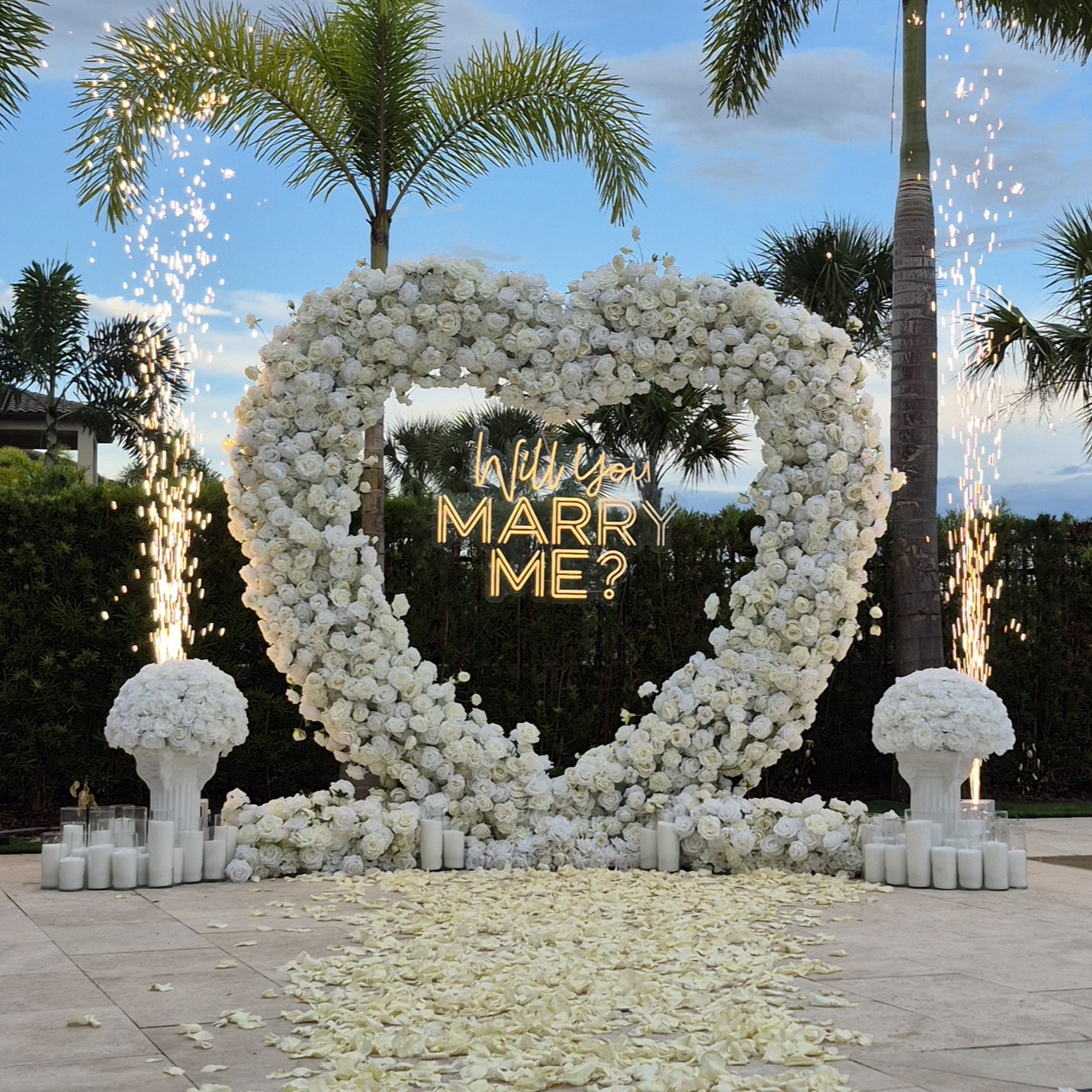 #R0037 - Set: Arch, Neon Sign, 36 candles, 2 Runners, 2 Pedestals, 2 Balls, 2 Sparklers, $580.00 Set: Arch, Neon Sign, 36 candles, 2 Runners, 2 Pedestals, 2 Balls, 2 Sparklers