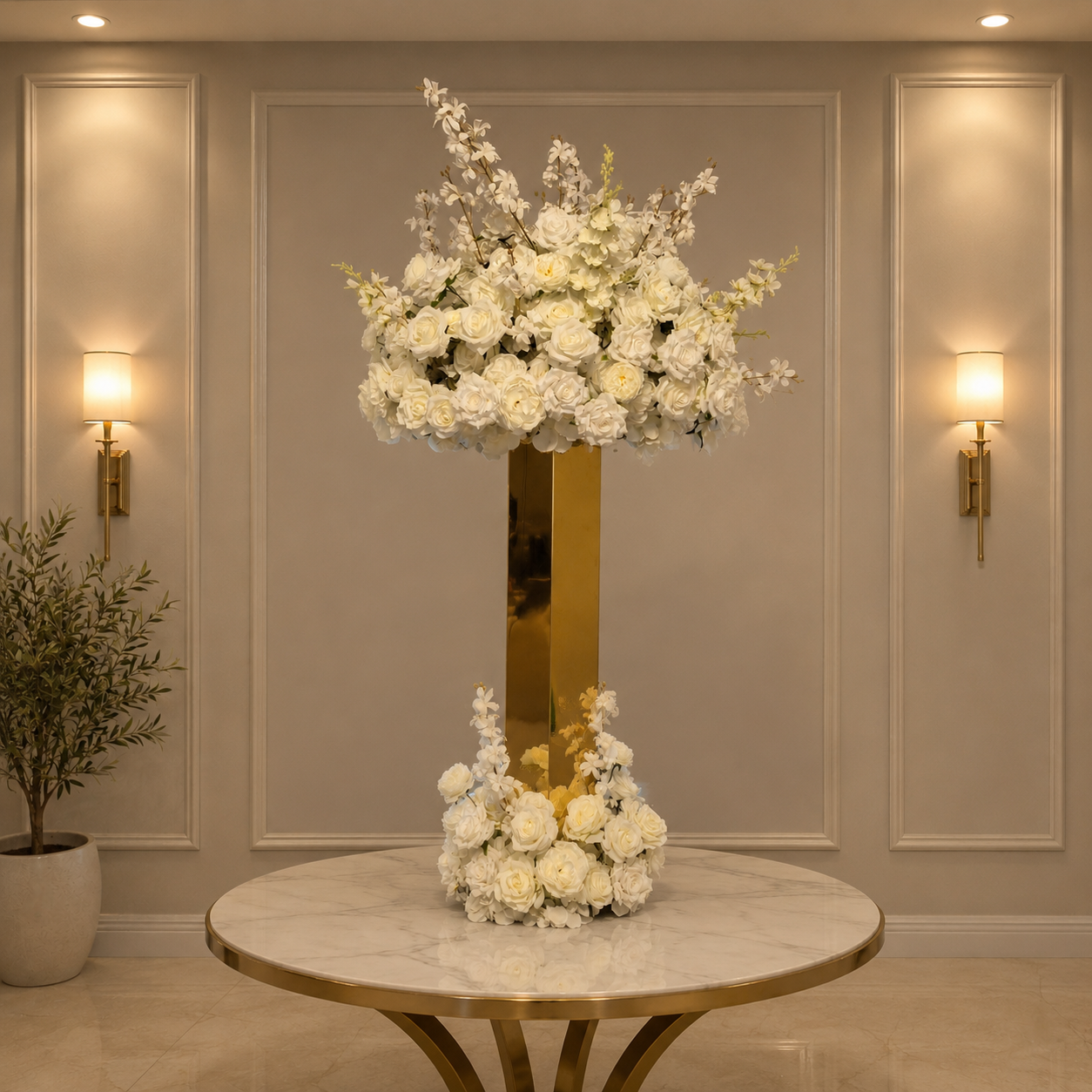 #C0090 - Luxury White Rose Ball + Gold Stand, $120.00 Luxury White Rose Ball + Gold Stand