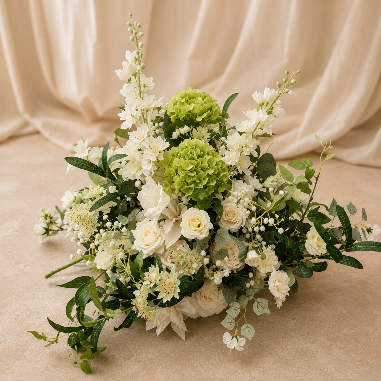 #C0126 - White Flowers Greenery Sage Hydrangea Delphinium Centerpiece , $55.00 White Flowers Greenery Sage Hydrangea Delphinium Centerpiece